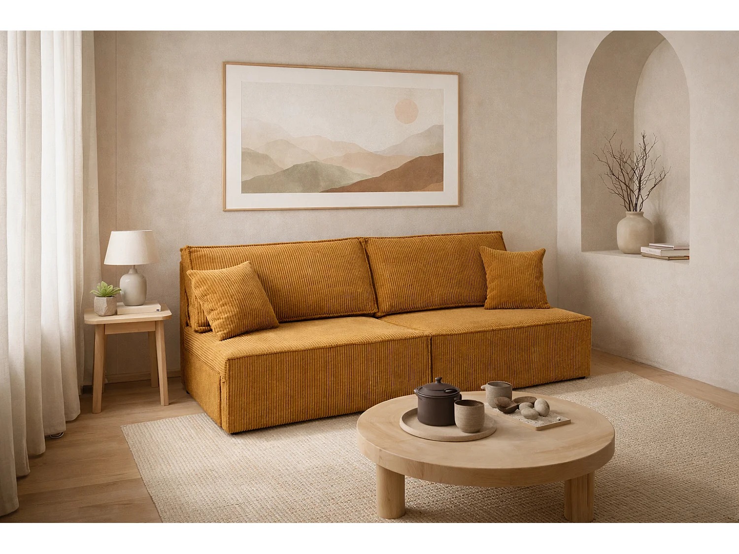 Canapé avec fonction couchage et coffre de rangement, tissu en velours côtelé Poso, Couleur moutarde, BEST MINI