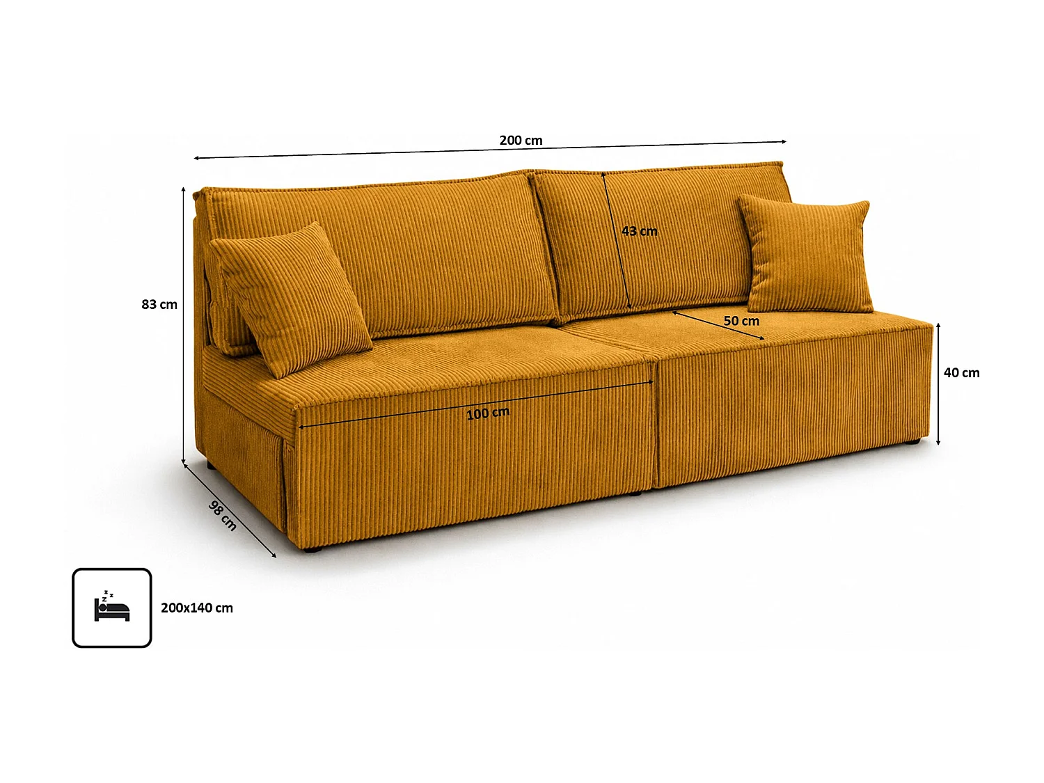 Canapé avec fonction couchage et coffre de rangement, tissu en velours côtelé Poso, Couleur moutarde, BEST MINI