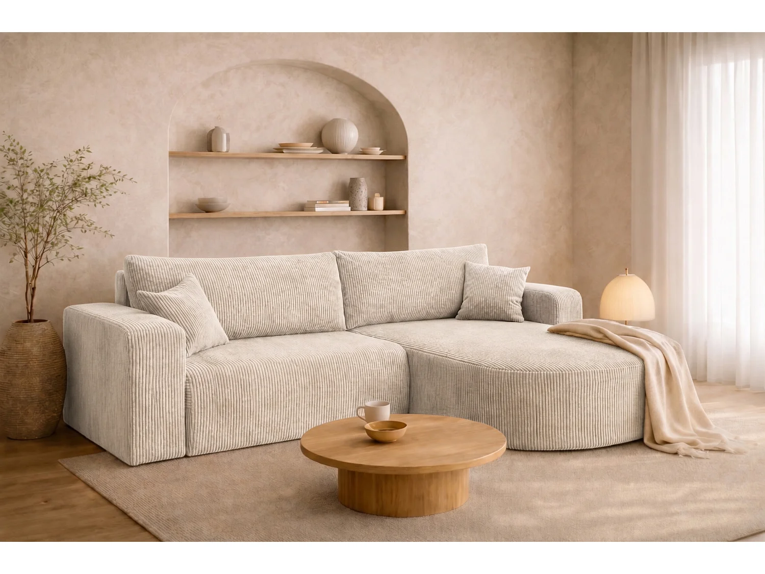Canapé d’angle avec fonction couchage, tissu en velours côtelé Poso, Beige, Droite, ROUND ONE