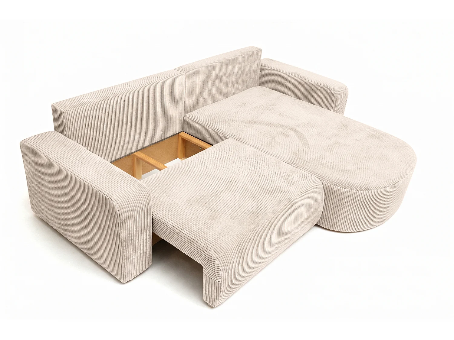 Canapé d’angle avec fonction couchage, tissu en velours côtelé Poso, Beige, Droite, ROUND ONE