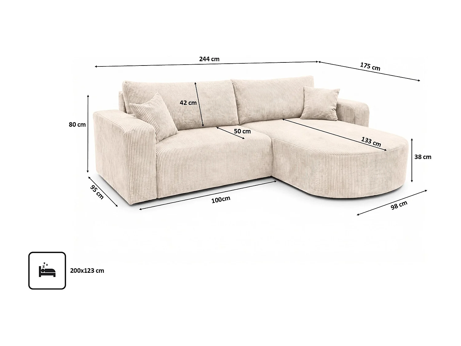 Canapé d’angle avec fonction couchage, tissu en velours côtelé Poso, Beige, Droite, ROUND ONE