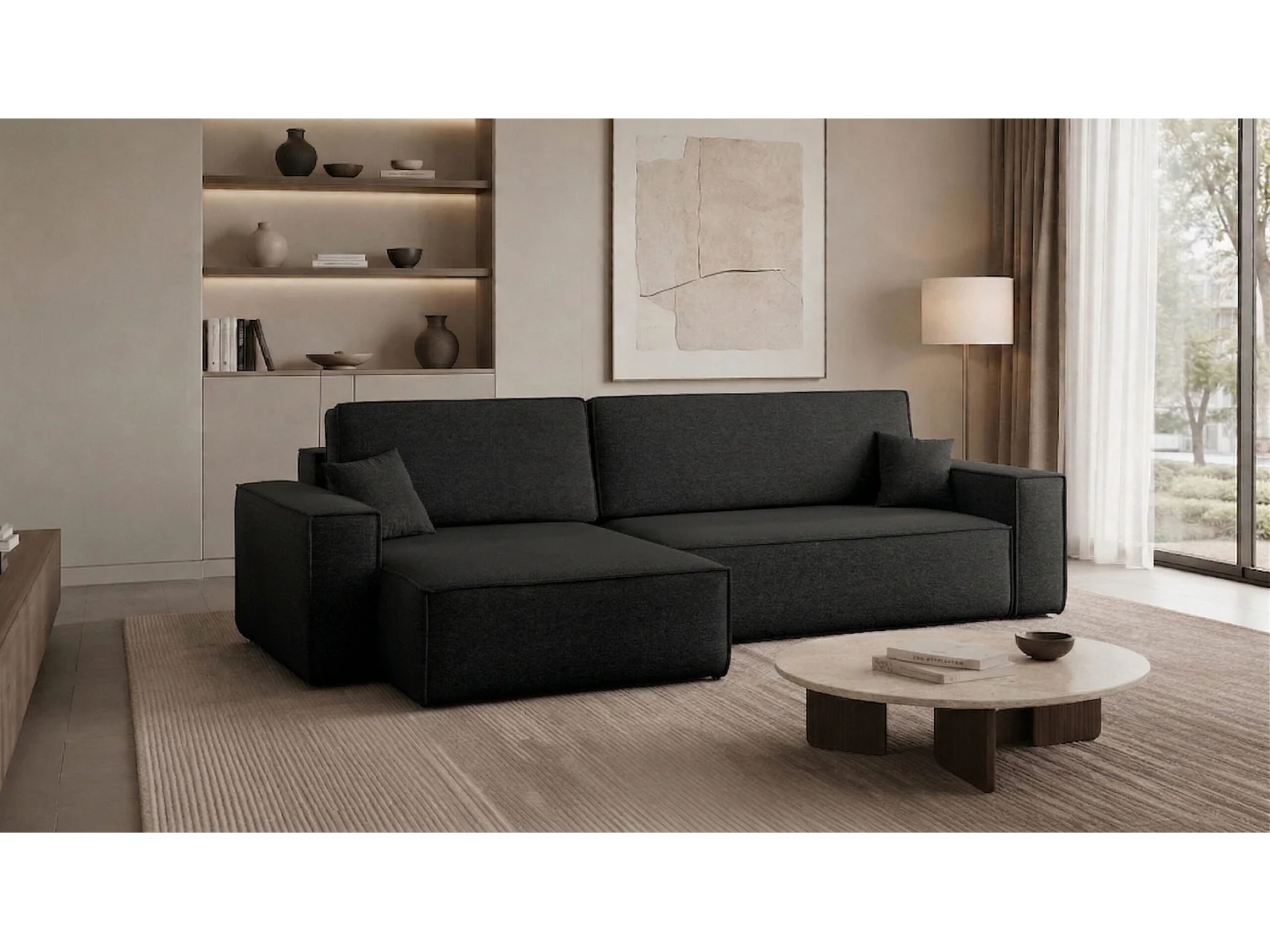 Canapé d’angle en L avec fonction couchage et coffre de rangement, tissu Verita, Noir, Gauche, BEST XL