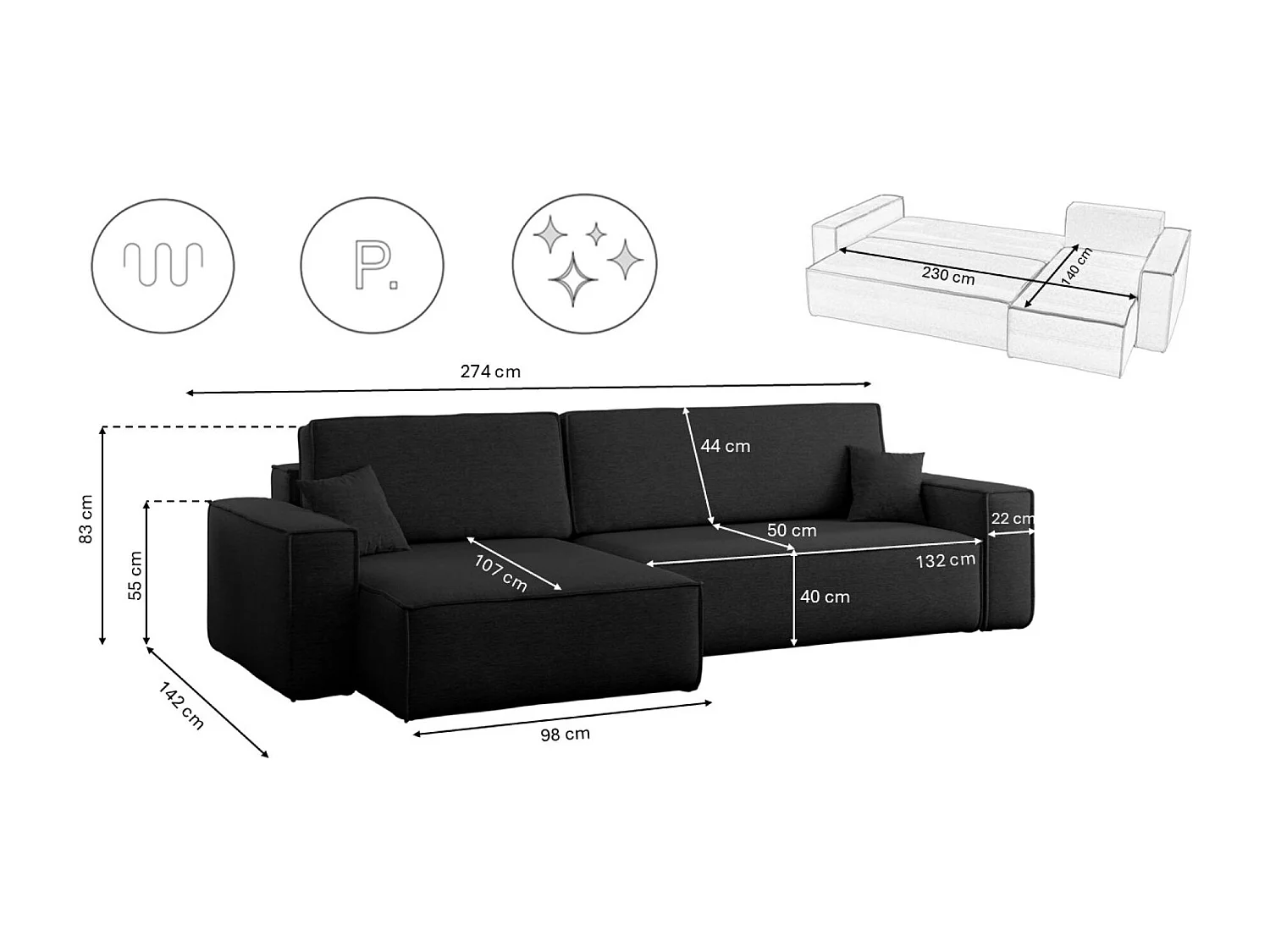 Canapé d’angle en L avec fonction couchage et coffre de rangement, tissu Verita, Noir, Gauche, BEST XL