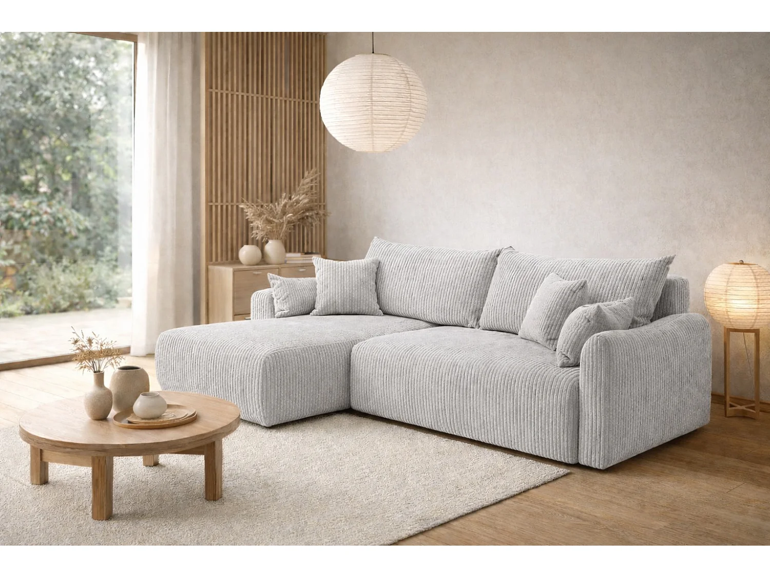 Canapé d’angle avec fonction couchage, tissu en velours côtelé Poso, Gris clair, Gauche, JAPANDI