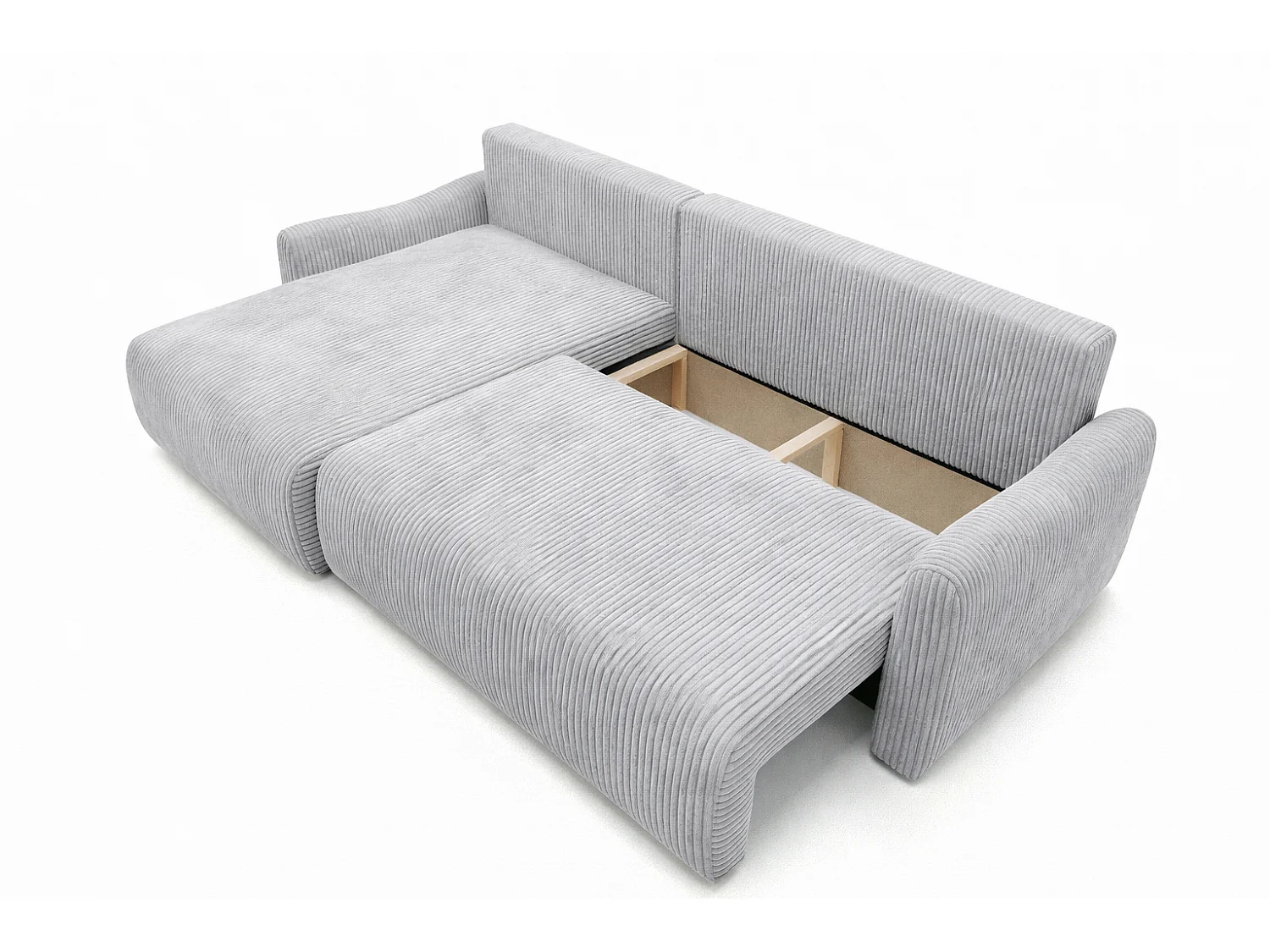 Canapé d’angle avec fonction couchage, tissu en velours côtelé Poso, Gris clair, Gauche, JAPANDI