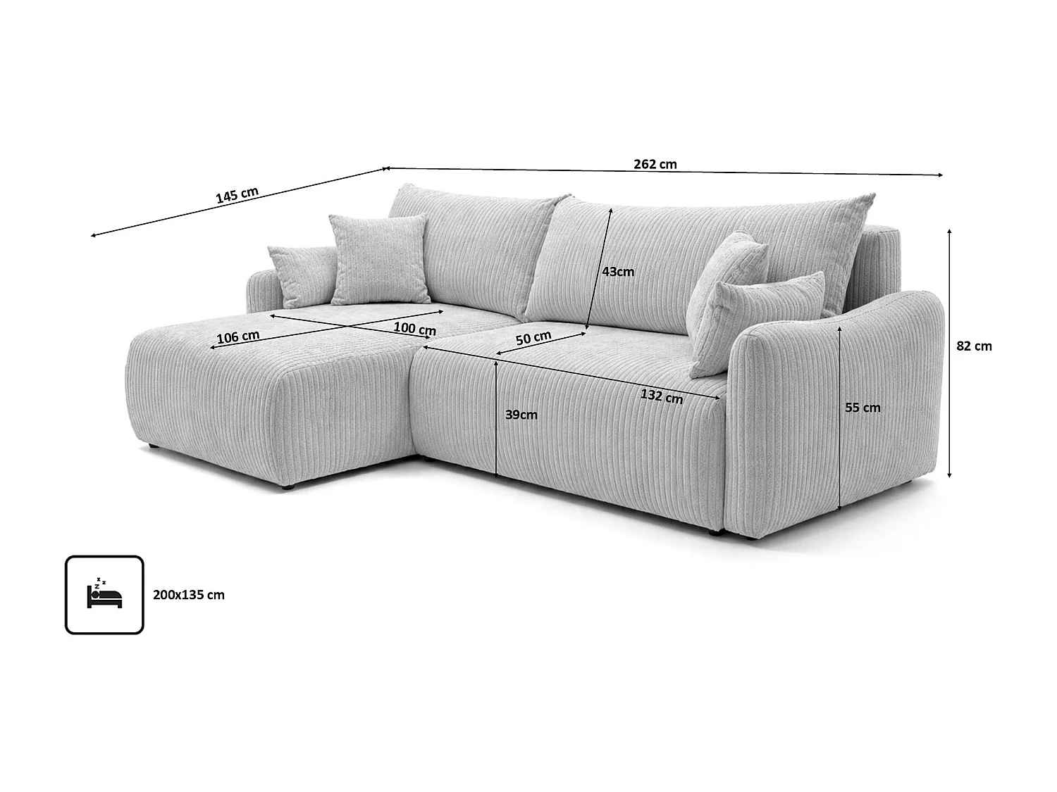Canapé d’angle avec fonction couchage, tissu en velours côtelé Poso, Gris clair, Gauche, JAPANDI