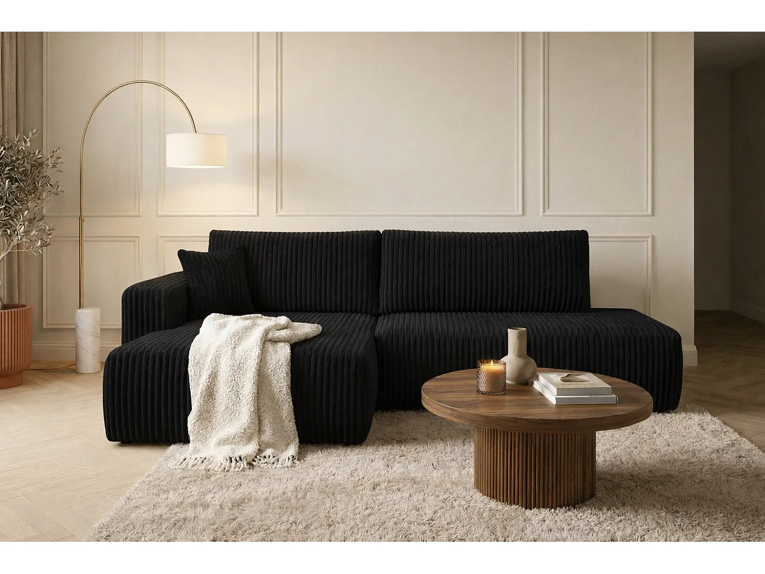Canapé d’angle avec fonction couchage et coffre de rangement, tissu en velours côtelé Tilia, Noir, Gauche, OPEN XL