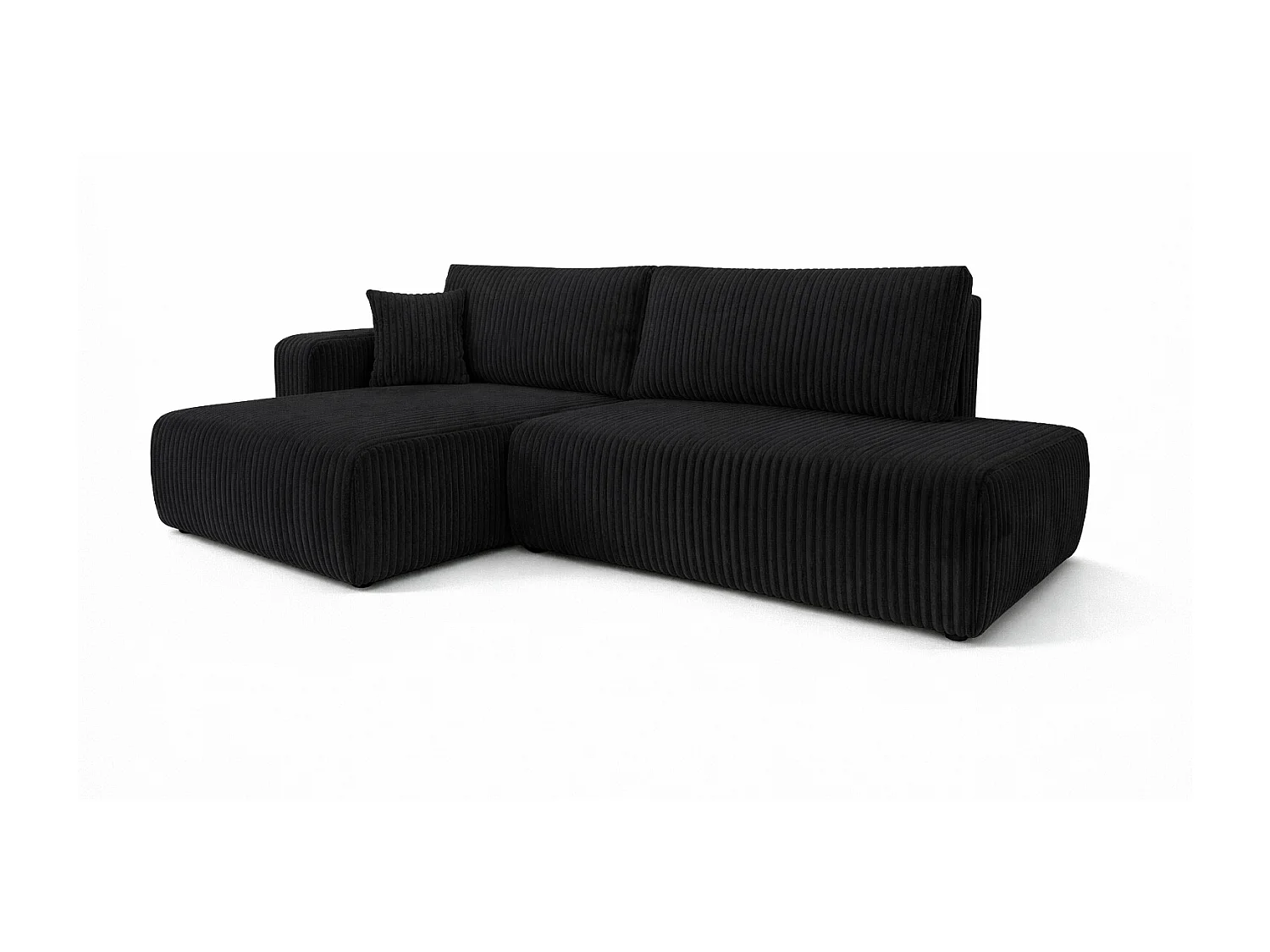 Canapé d’angle avec fonction couchage et coffre de rangement, tissu en velours côtelé Tilia, Noir, Gauche, OPEN XL