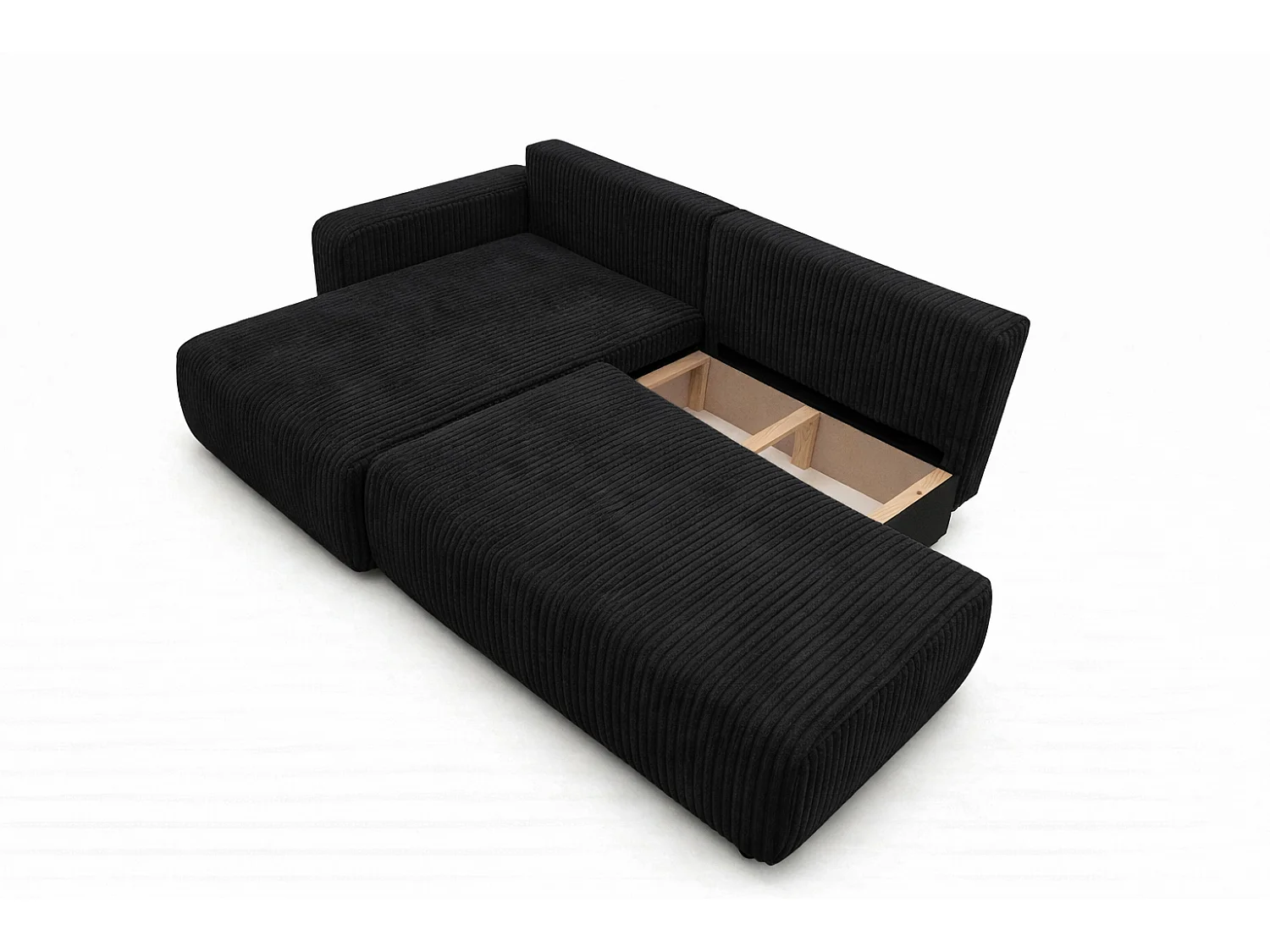 Canapé d’angle avec fonction couchage et coffre de rangement, tissu en velours côtelé Tilia, Noir, Gauche, OPEN XL