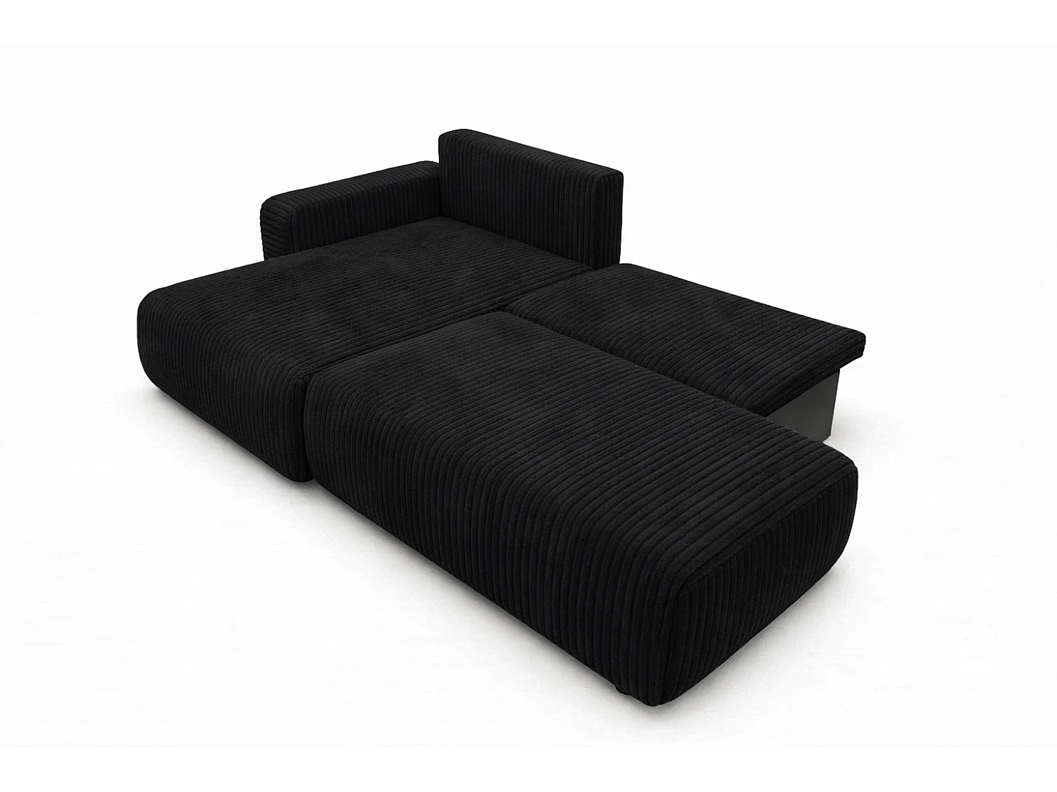 Canapé d’angle avec fonction couchage et coffre de rangement, tissu en velours côtelé Tilia, Noir, Gauche, OPEN XL