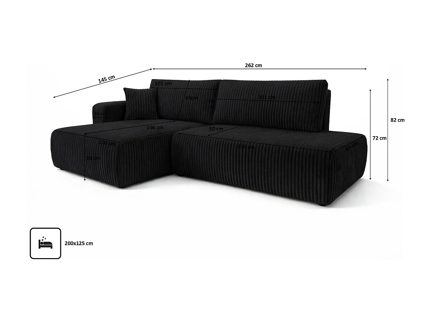 Canapé d’angle avec fonction couchage et coffre de rangement, tissu en velours côtelé Tilia, Noir, Gauche, OPEN XL