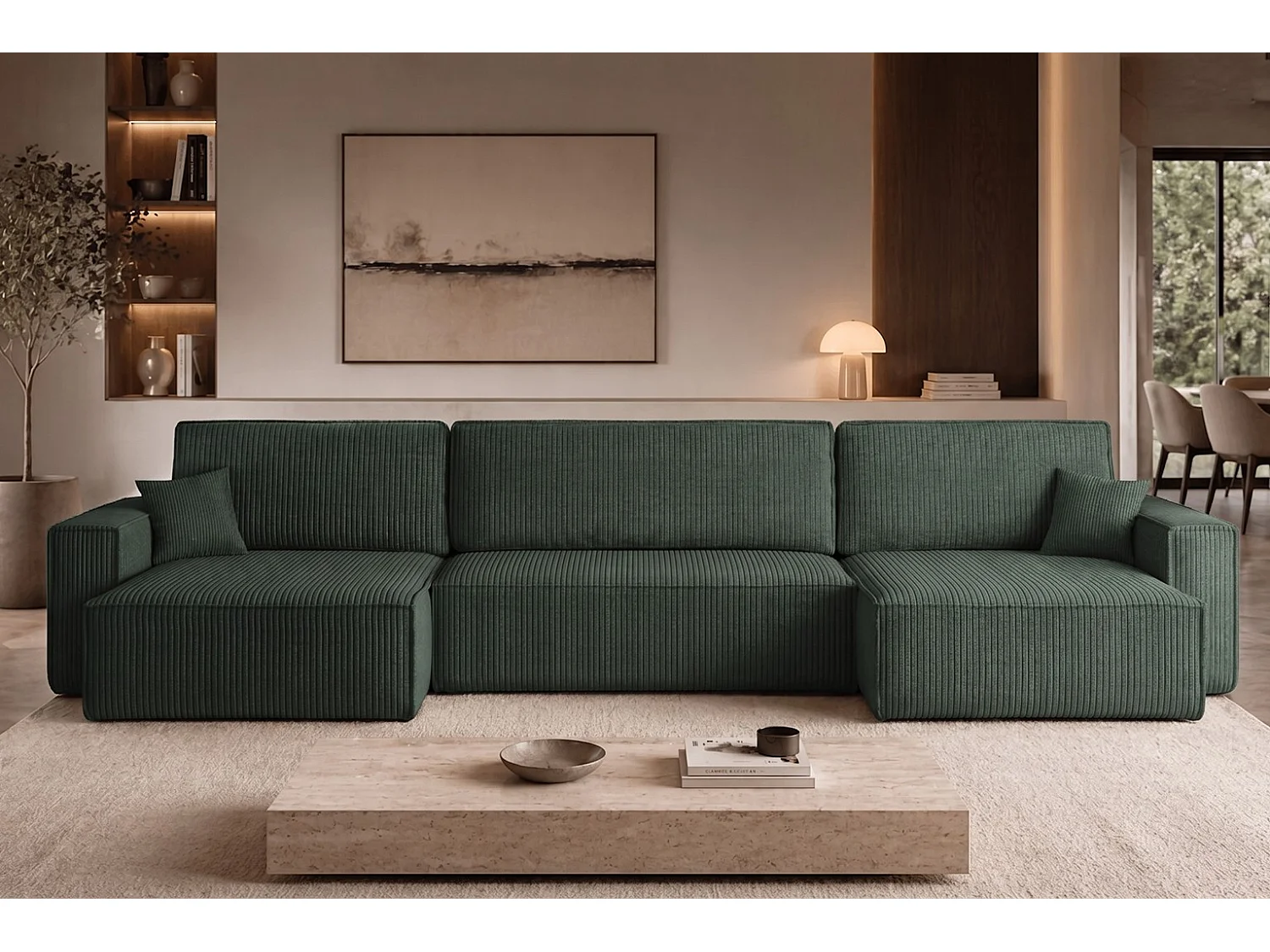 Hoekbank U-vorm met slaapfunctie en opbergruimte, stof Poso dikke cord, Groen, BEST U XL