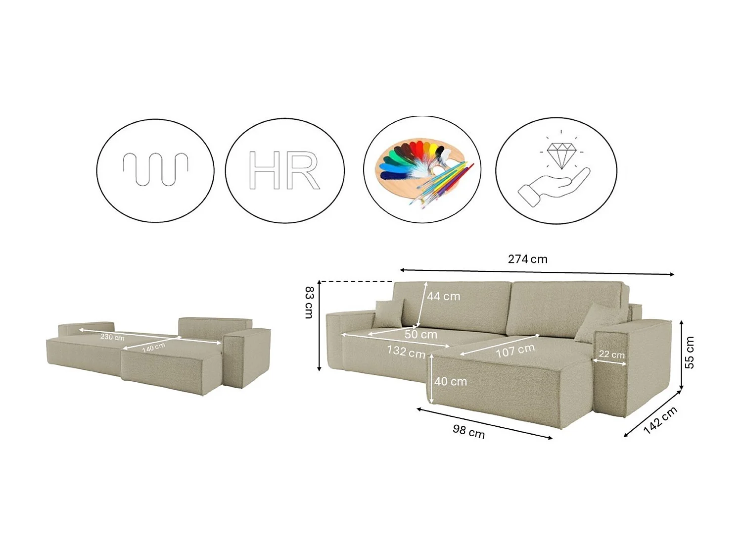 Hoekbank L-vorm met slaapfunctie en opbergruimte, stof Quelle, Beige, Rechts, BEST XL