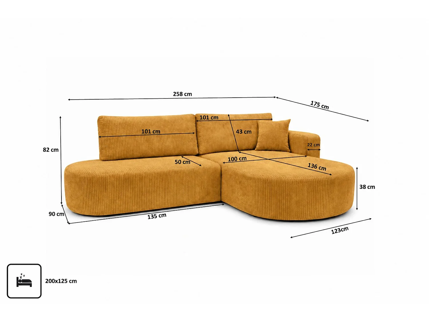 Canapé d'angle droit convertible 4 places avec coffre en tissu côtelé vert ONE