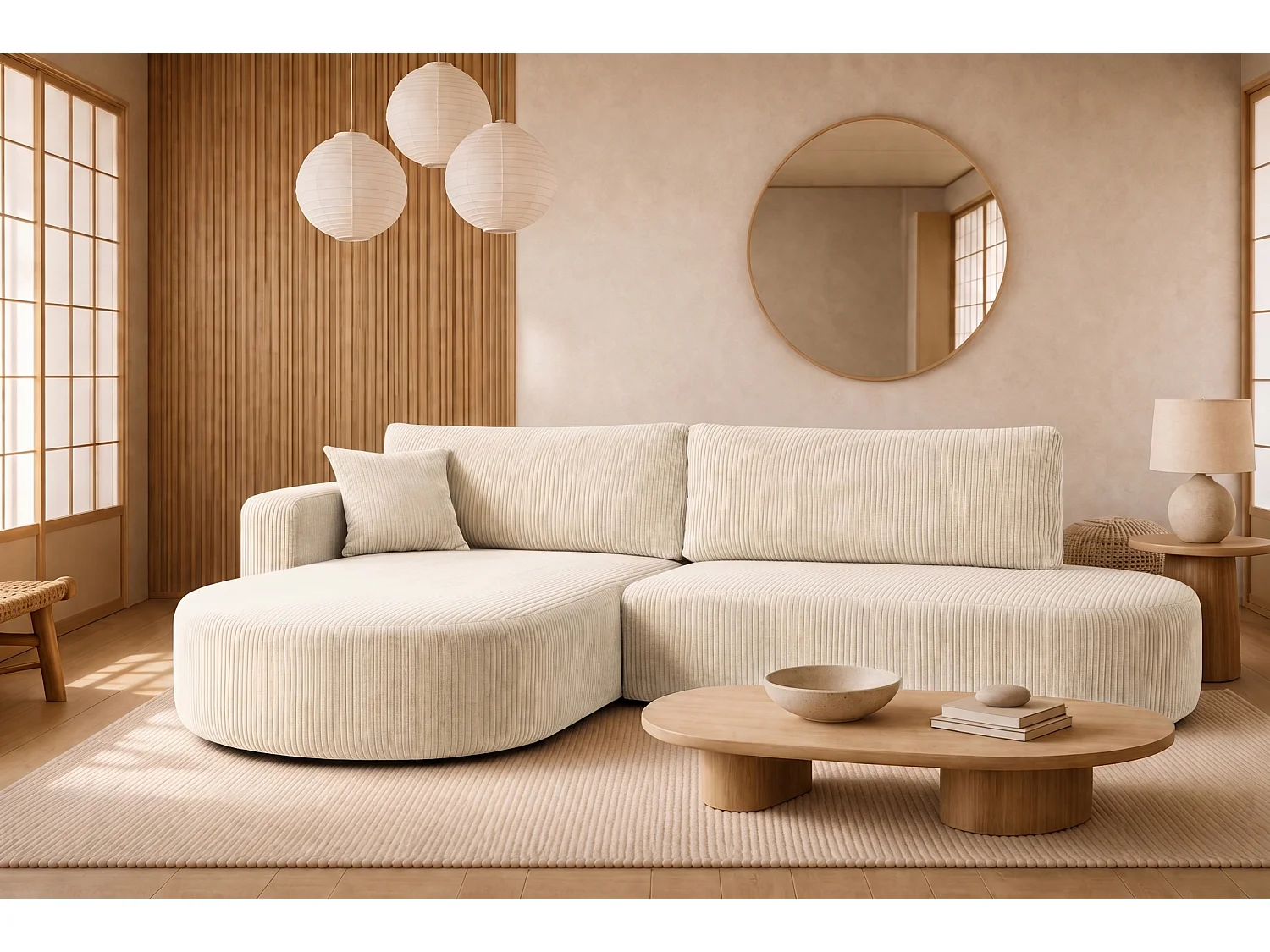Hoekbank met slaapfunctie en opbergruimte, corduroy stof Poso, Beige, Links, ROUND ONE OPEN XL