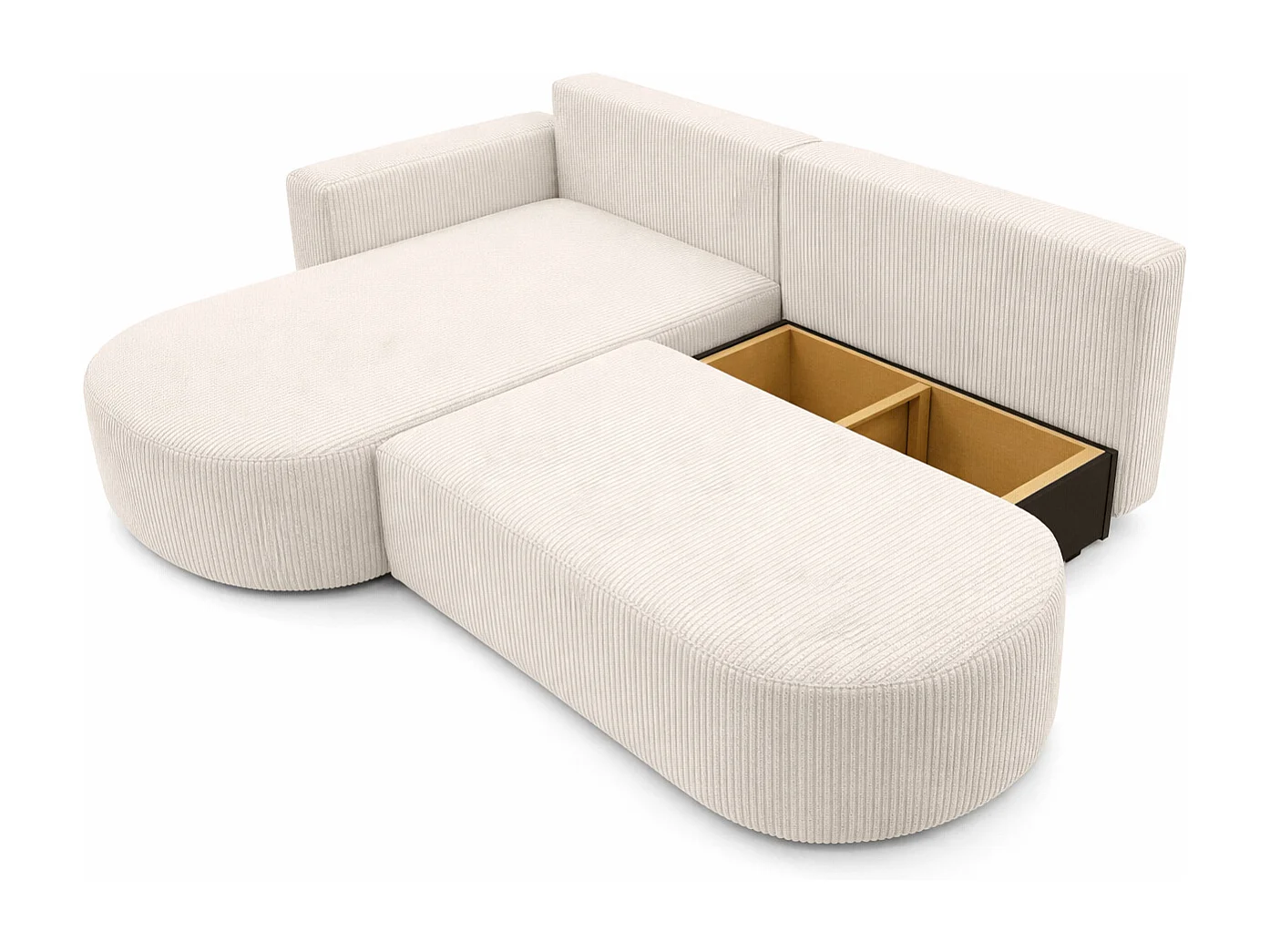 Hoekbank met slaapfunctie en opbergruimte, corduroy stof Poso, Beige, Links, ROUND ONE OPEN XL