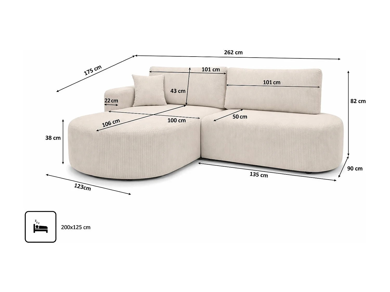 Hoekbank met slaapfunctie en opbergruimte, corduroy stof Poso, Beige, Links, ROUND ONE OPEN XL