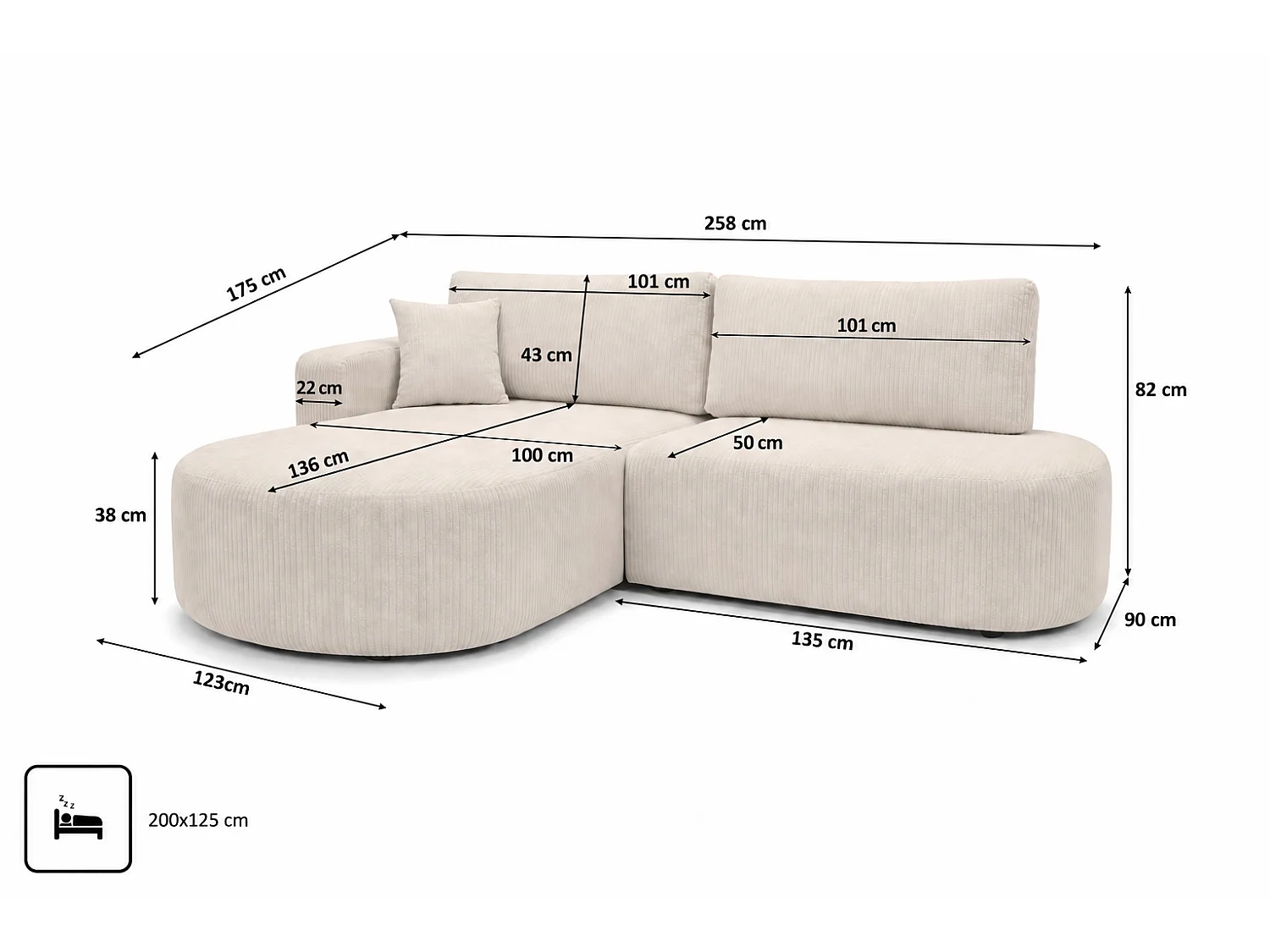 Canapé d'angle gauche convertible 4 places avec coffre en tissu côtelé beige ONE