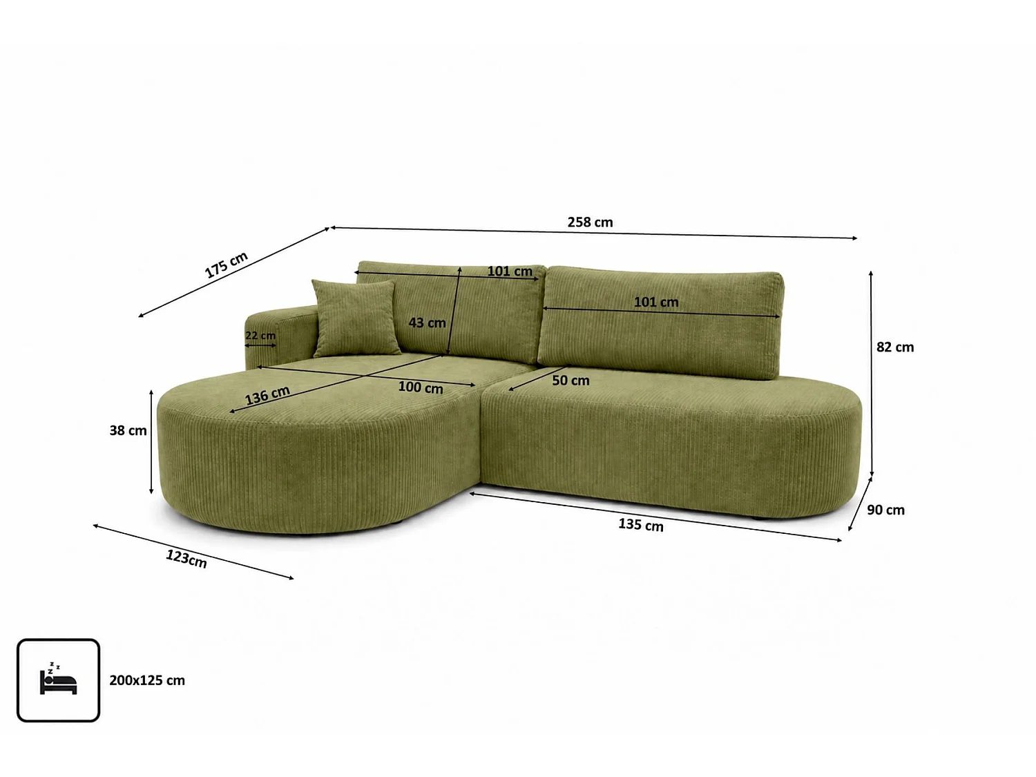 Canapé d'angle gauche convertible 4 places avec coffre en tissu côtelé vert ONE