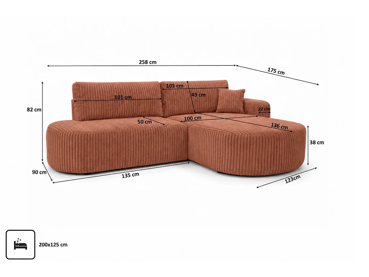 Canapé d'angle droit convertible 4 places avec coffre en tissu côtelé vert ONE