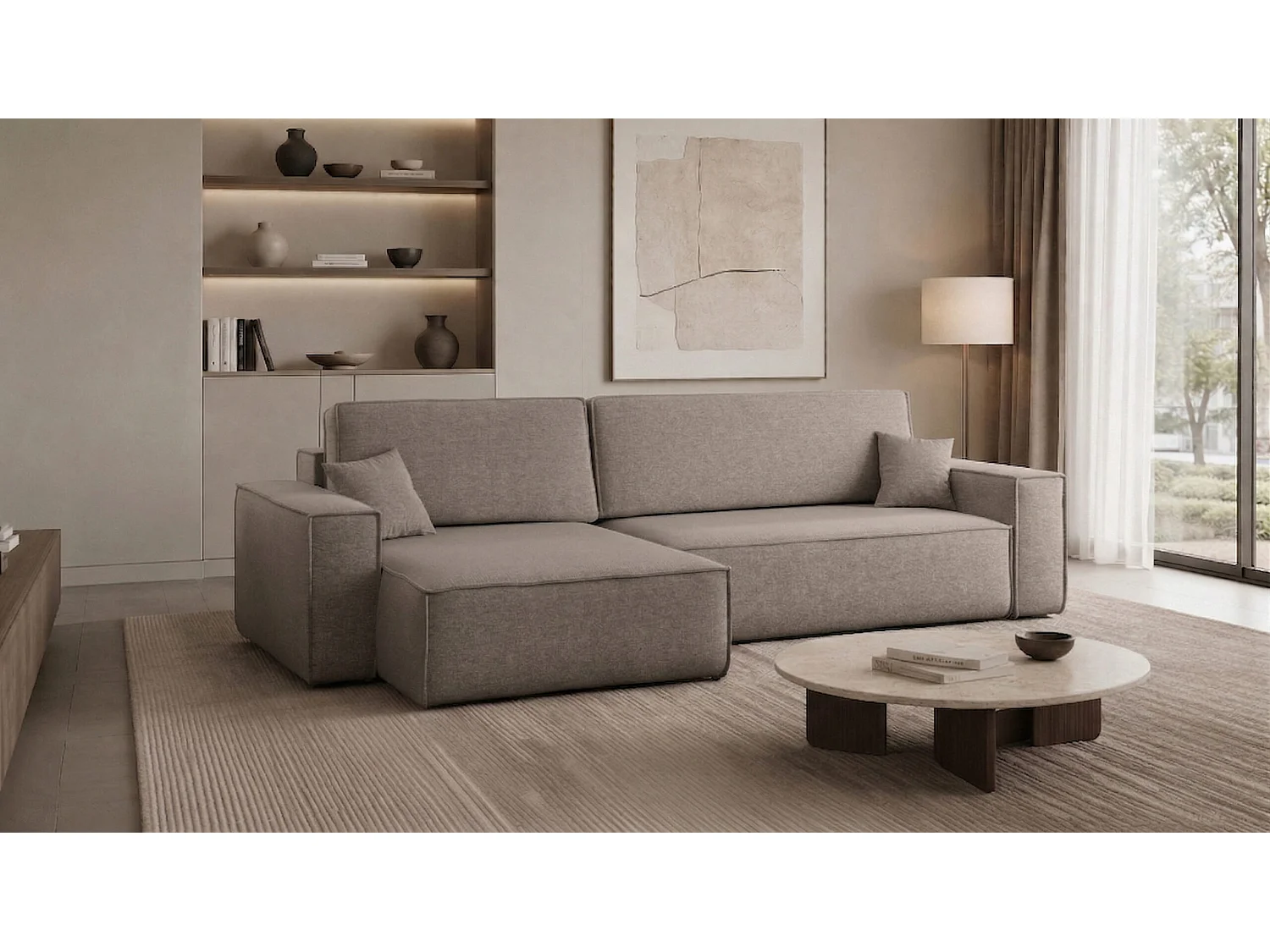 Canapé d’angle en L avec fonction couchage et coffre de rangement, tissu Verita, Beige, Gauche, BEST XL