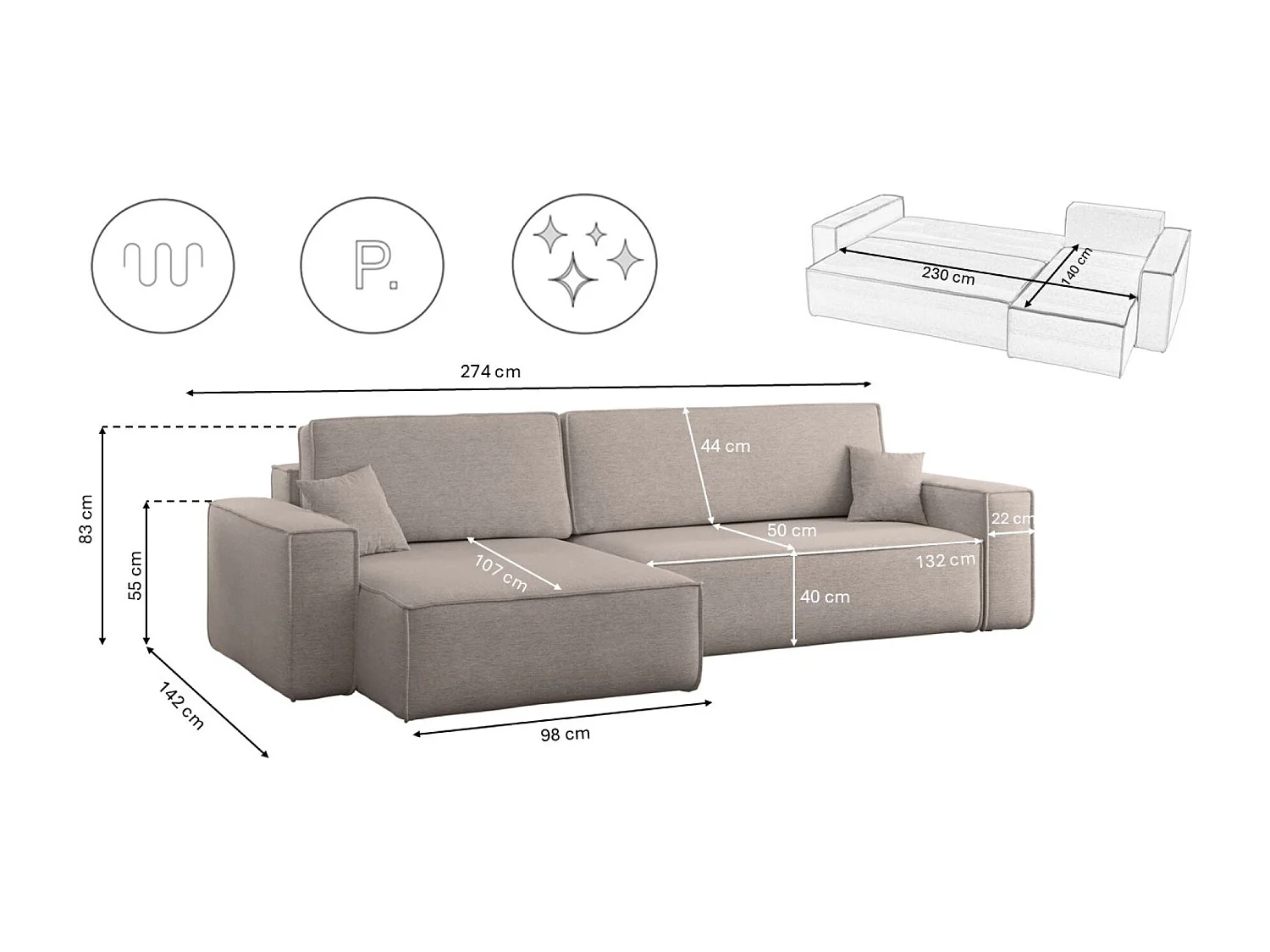 Canapé d’angle en L avec fonction couchage et coffre de rangement, tissu Verita, Beige, Gauche, BEST XL