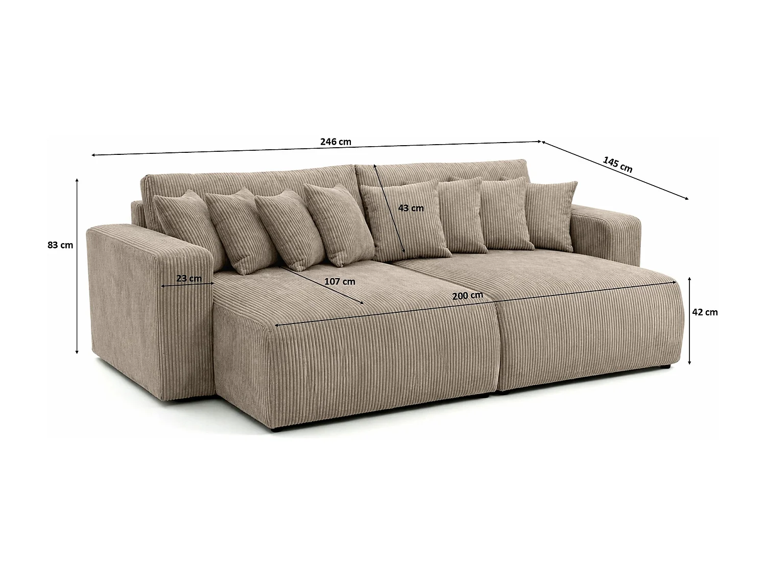 Schlafsofa mit Bettkasten, Cordstoff Poso, Dunkelbeige, PIANO DOUBLE