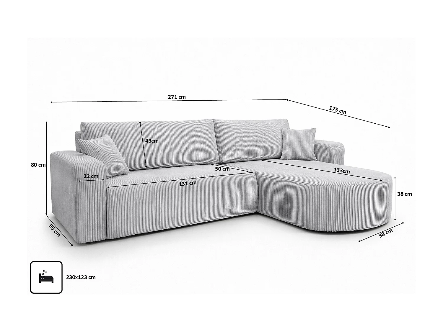 Hoekbank met slaapfunctie, koordstof Poso, Lichtgrijs, Rechts, ROUND ONE XL