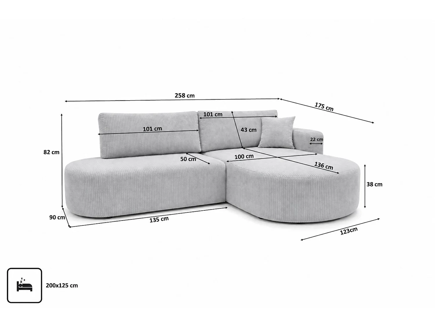 Canapé d'angle droit convertible 4 places avec coffre en tissu côtelé gris clair ONE