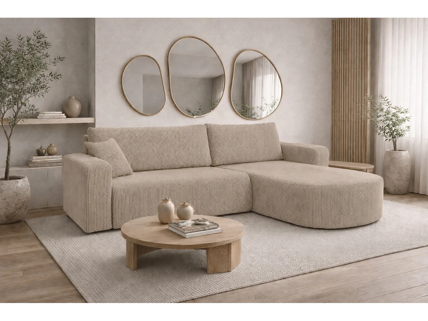 Hoekbank met slaapfunctie, koordstof Poso, Donkerbeige, Rechts, ROUND ONE XL