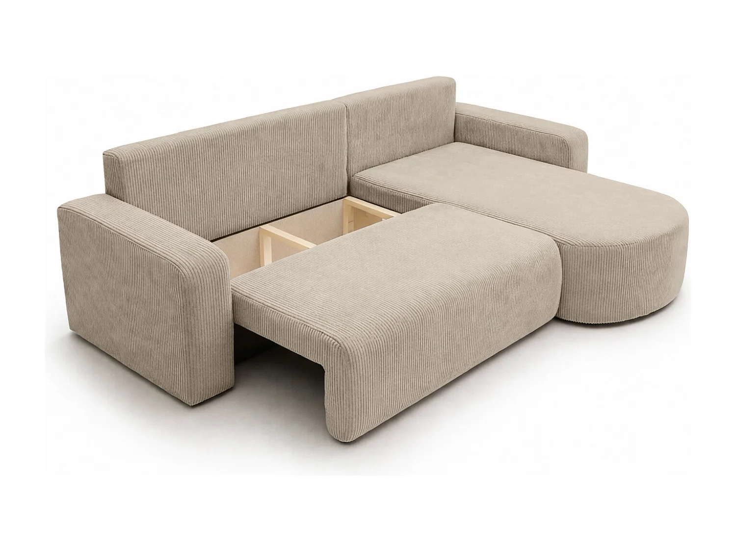 Hoekbank met slaapfunctie, koordstof Poso, Donkerbeige, Rechts, ROUND ONE XL