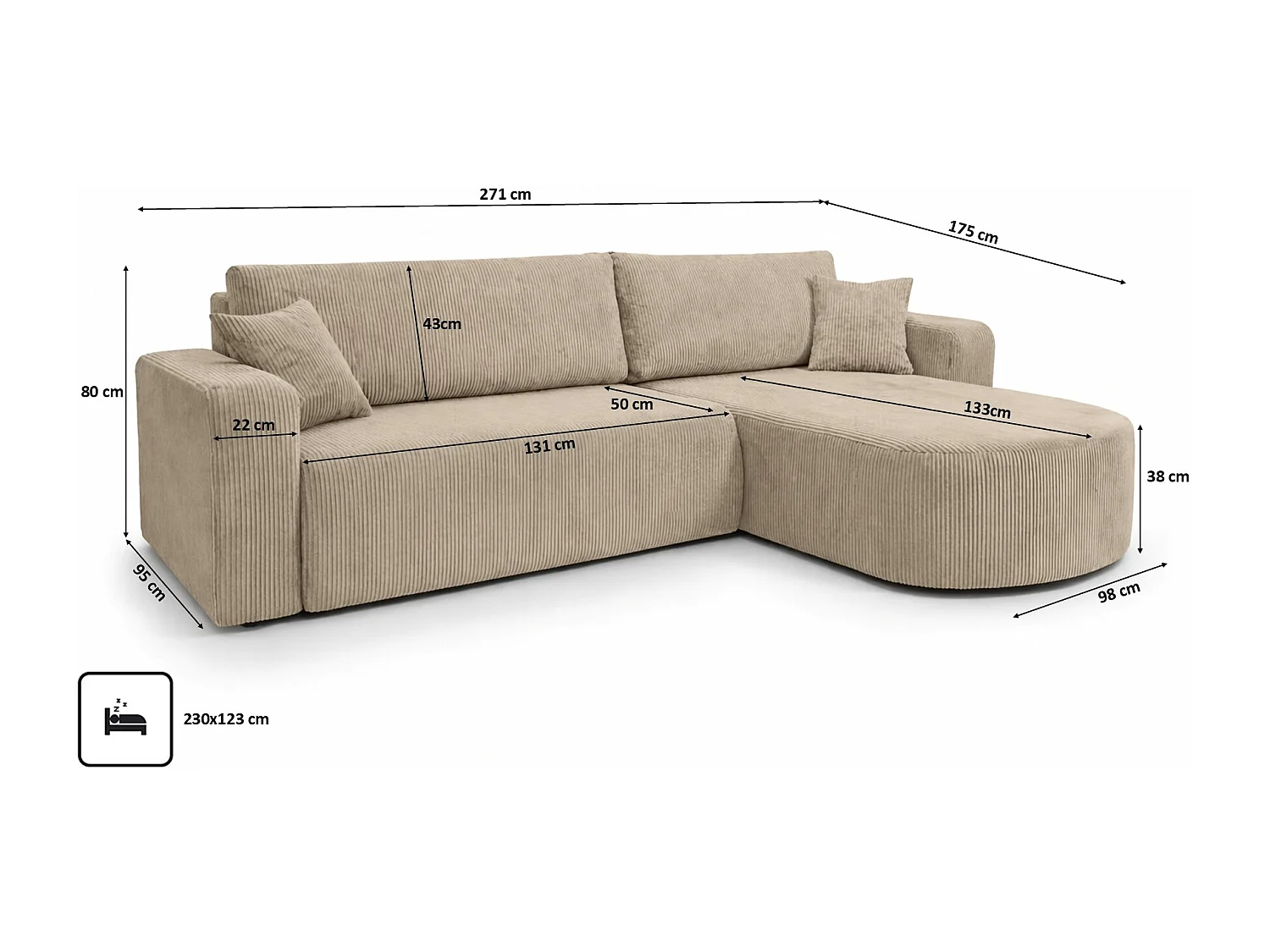 Hoekbank met slaapfunctie, koordstof Poso, Donkerbeige, Rechts, ROUND ONE XL