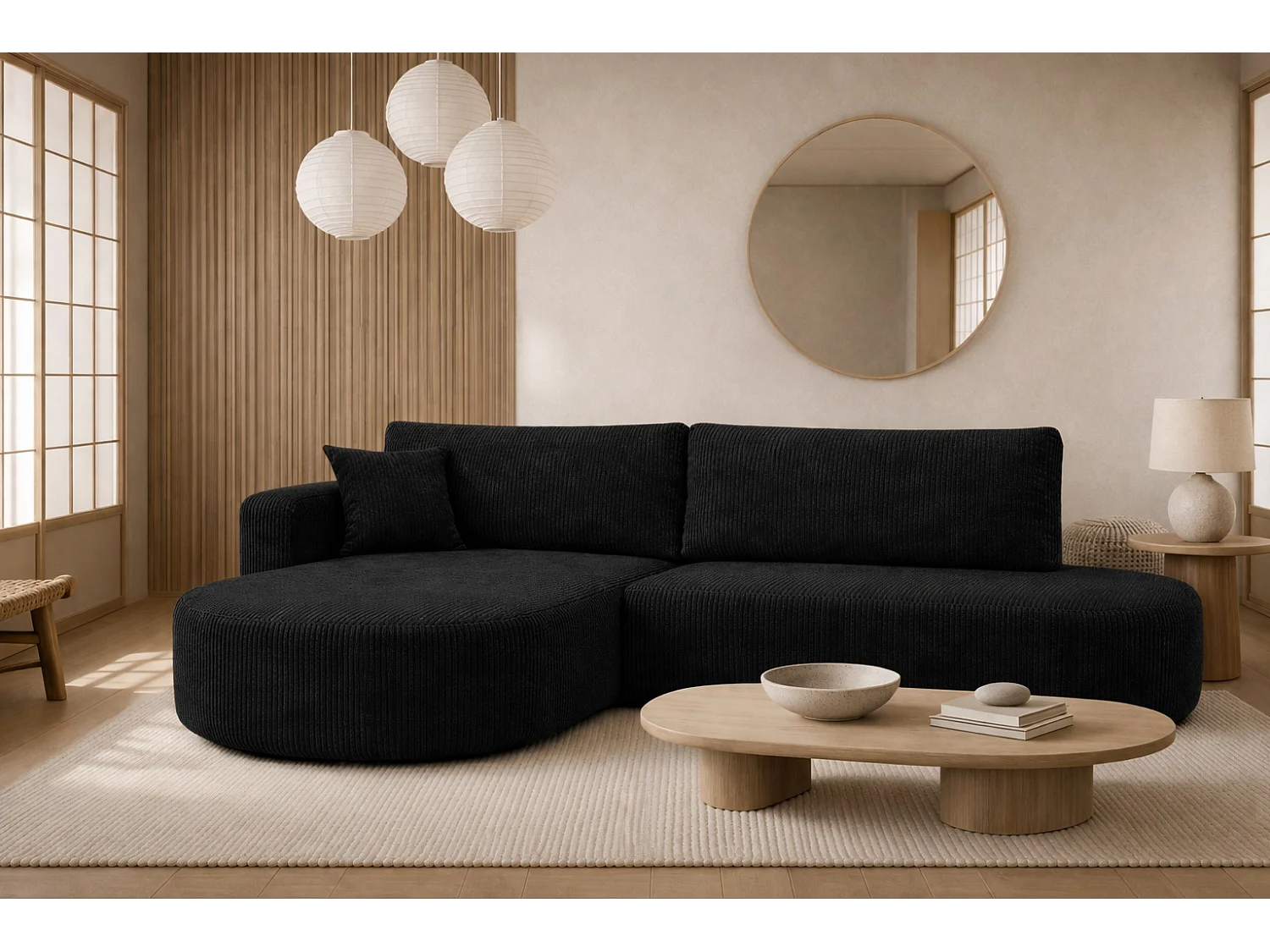 Canapé d’angle convertible avec coffre de rangement, tissu côtelé Poso, Noir, Gauche, ROUND ONE OPEN XL