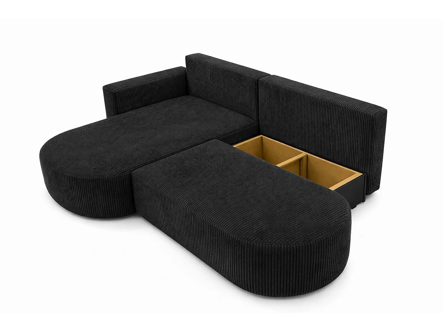 Canapé d’angle convertible avec coffre de rangement, tissu côtelé Poso, Noir, Gauche, ROUND ONE OPEN XL