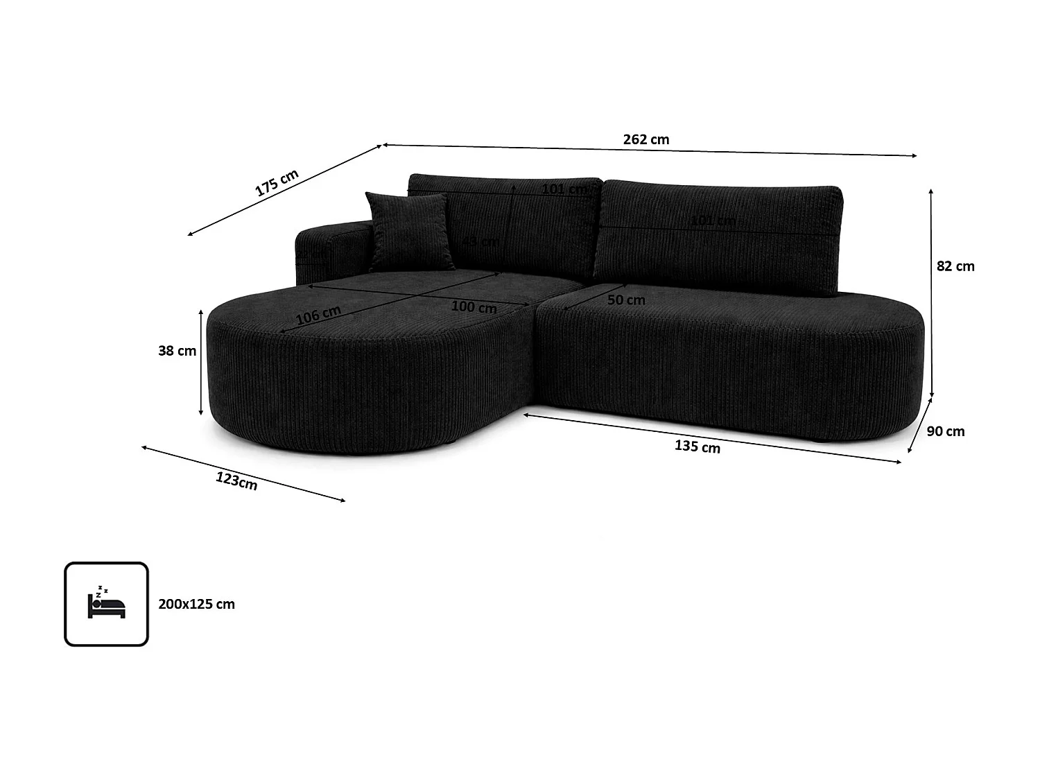 Canapé d’angle convertible avec coffre de rangement, tissu côtelé Poso, Noir, Gauche, ROUND ONE OPEN XL