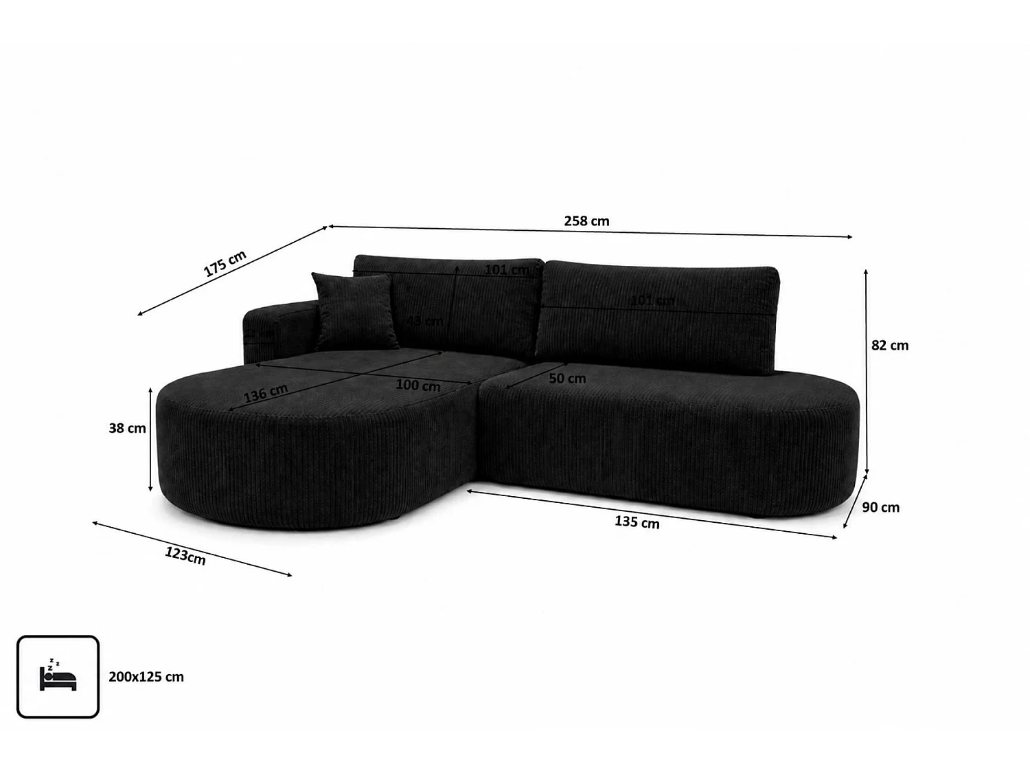 Canapé d'angle gauche convertible 4 places avec coffre en tissu côtelé noir ONE