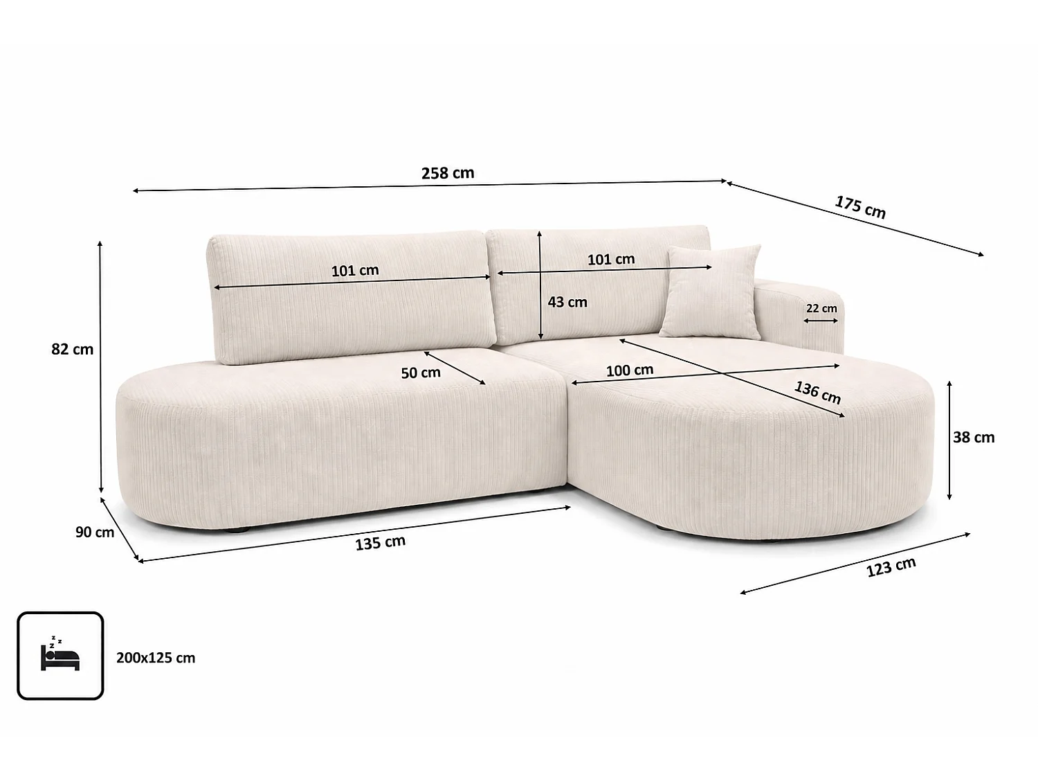 Canapé d'angle droit convertible 4 places avec coffre en tissu côtelé beige ONE