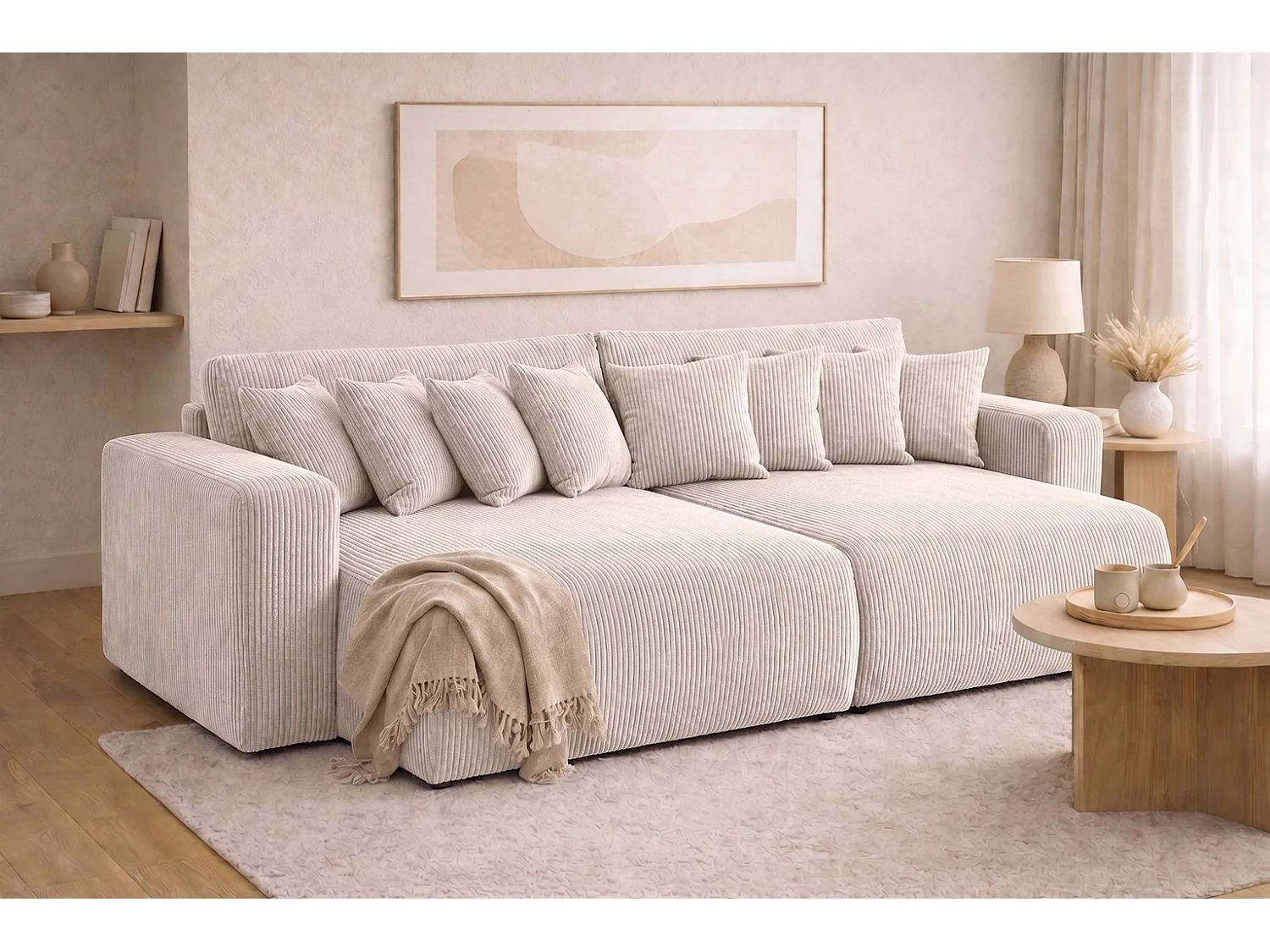 Slaapbank met opbergruimte, koordstof Poso, Beige, PIANO DOUBLE