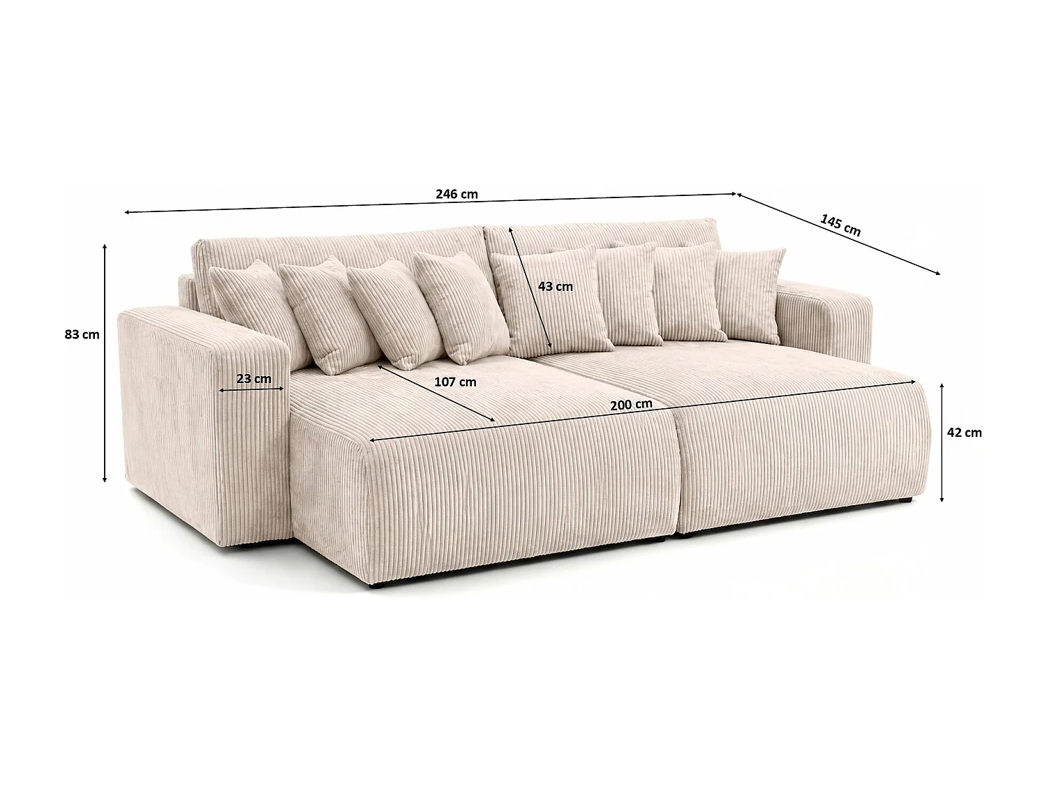 Slaapbank met opbergruimte, koordstof Poso, Beige, PIANO DOUBLE