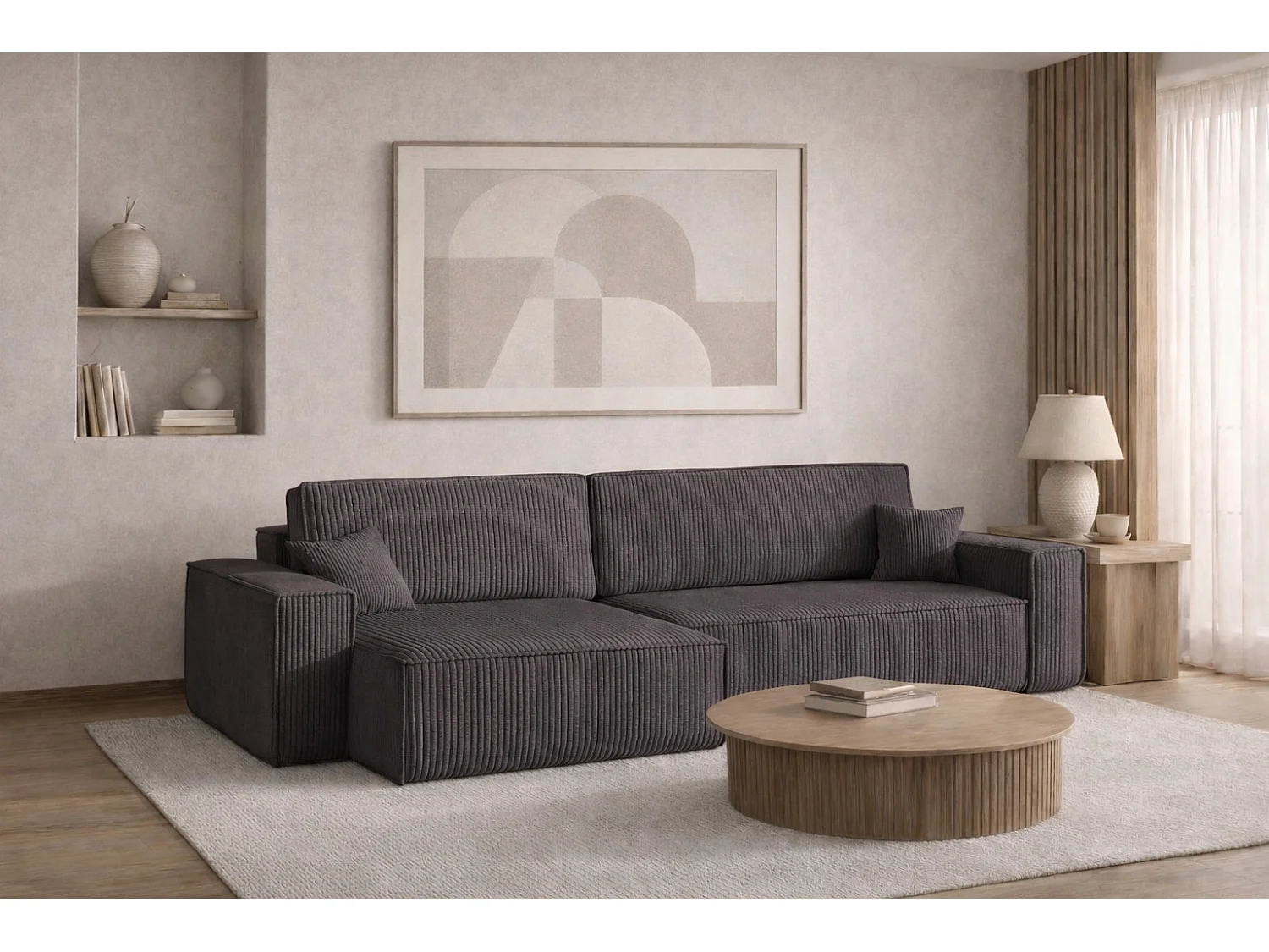 Canapé d’angle en L avec fonction couchage et coffre de rangement, tissu Poso velours côtelé épais, Gris foncé, Gauche, BEST XL