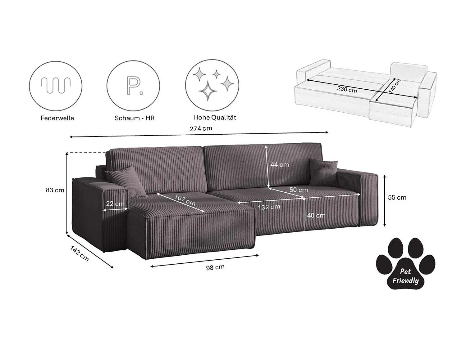 Canapé d’angle en L avec fonction couchage et coffre de rangement, tissu Poso velours côtelé épais, Gris foncé, Gauche, BEST XL