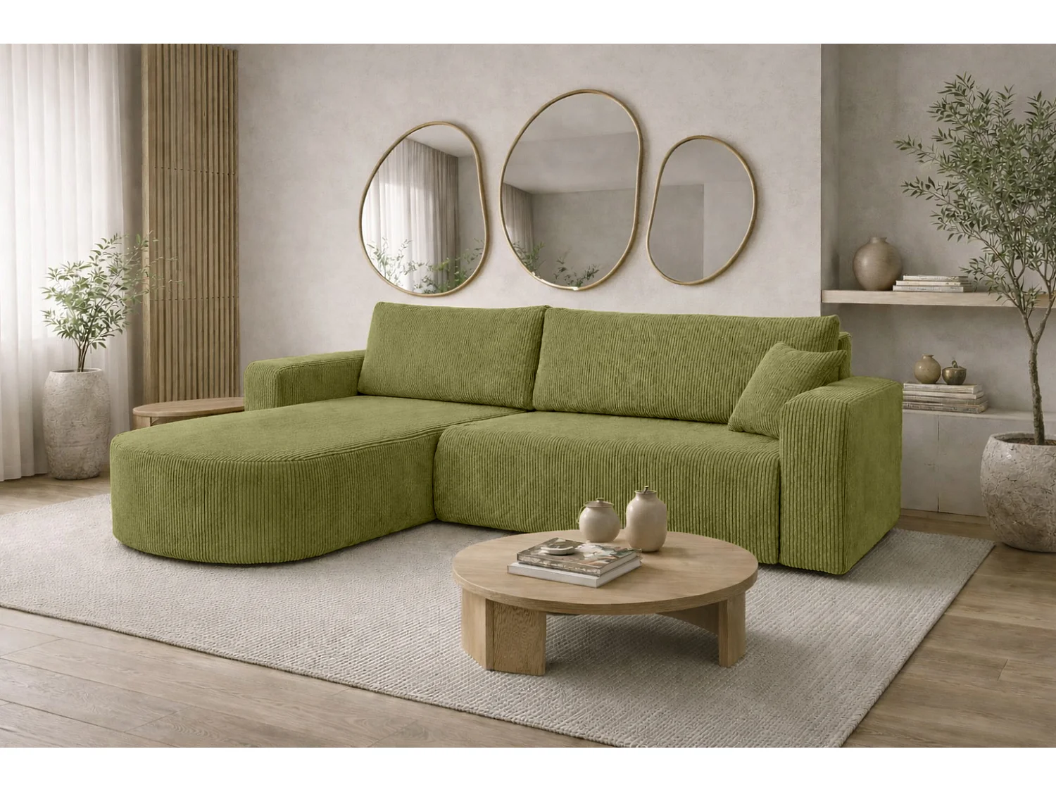 Hoekbank met slaapfunctie, koordstof Poso, Olijfkleurig, Links, ROUND ONE XL