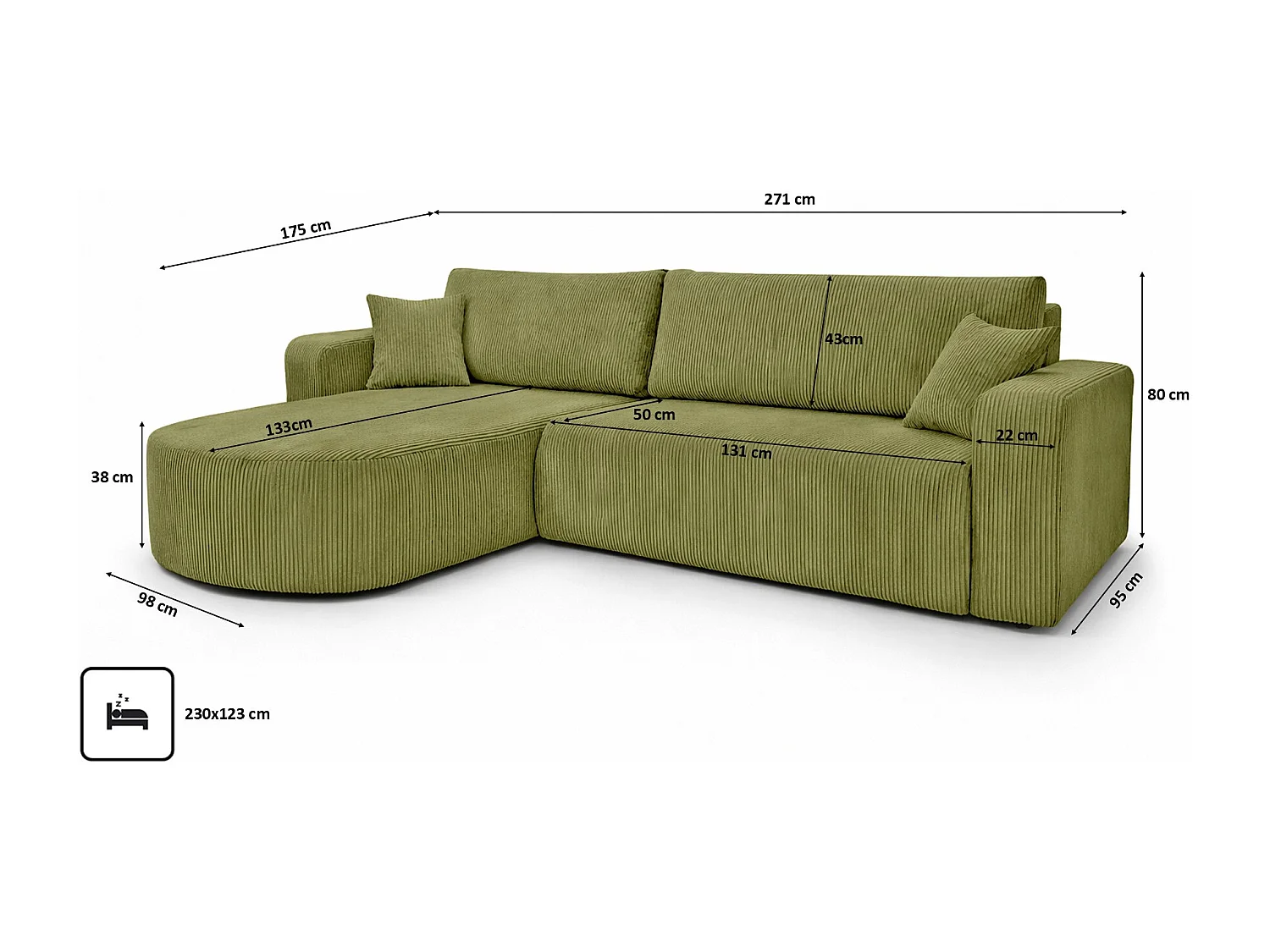 Hoekbank met slaapfunctie, koordstof Poso, Olijfkleurig, Links, ROUND ONE XL