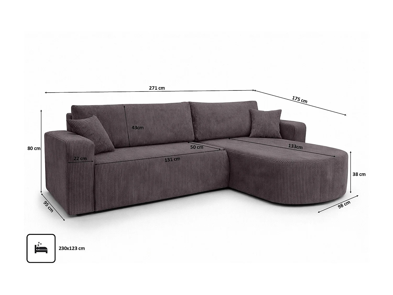 Hoekbank met slaapfunctie, koordstof Poso, Donkergrijs, Rechts, ROUND ONE XL