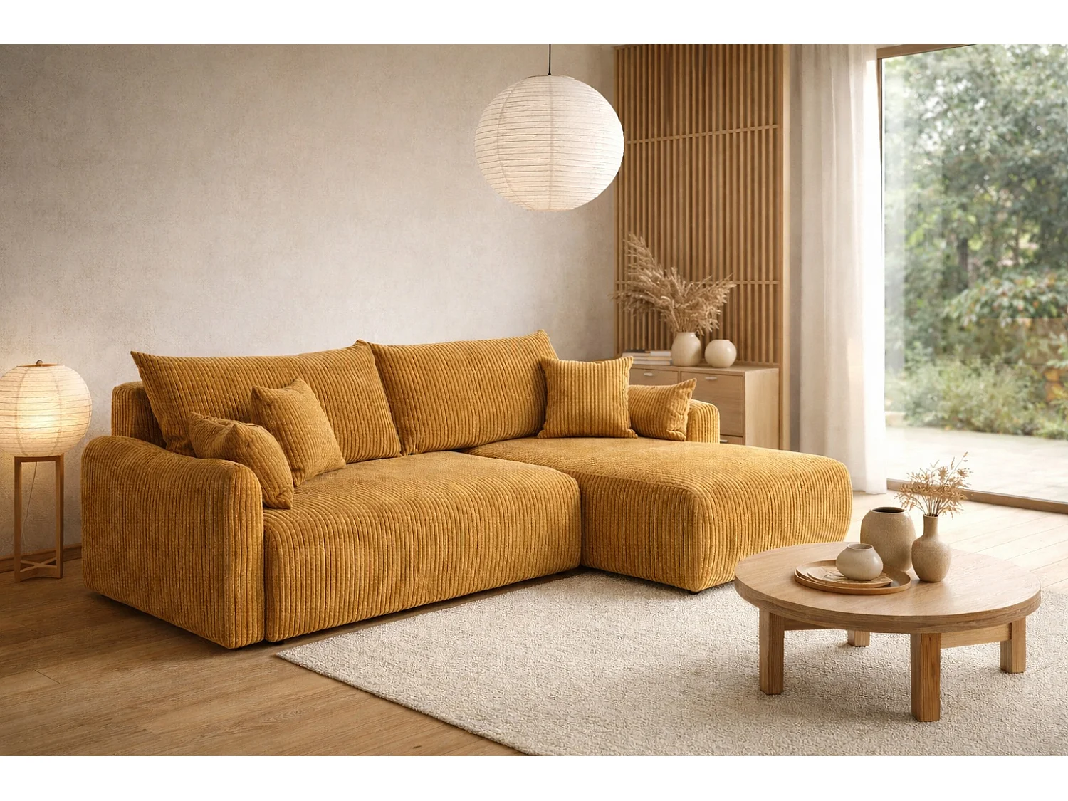 Canapé d’angle avec fonction couchage, tissu en velours côtelé Poso, Couleur moutarde, Droite, JAPANDI
