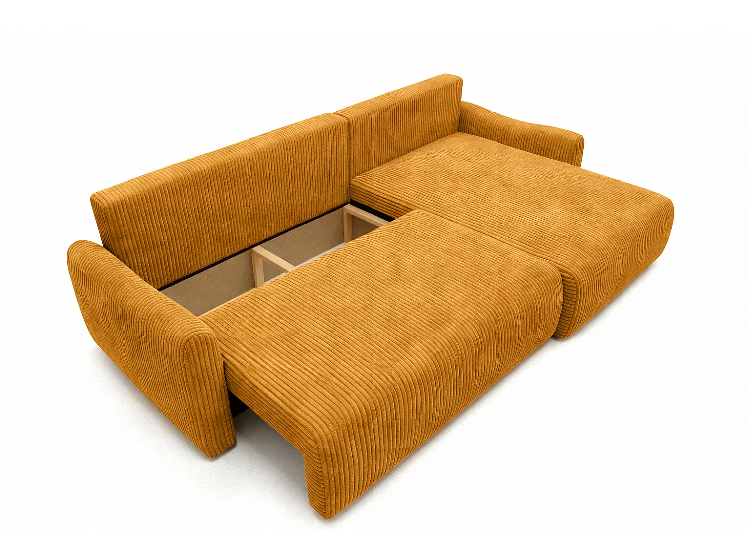 Canapé d’angle avec fonction couchage, tissu en velours côtelé Poso, Couleur moutarde, Droite, JAPANDI