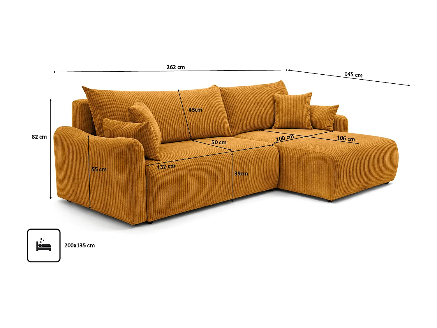 Canapé d’angle avec fonction couchage, tissu en velours côtelé Poso, Couleur moutarde, Droite, JAPANDI