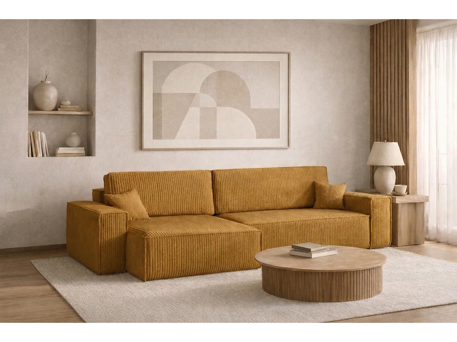 Canapé d’angle en L avec fonction couchage et coffre de rangement, tissu Poso velours côtelé épais, Moutarde, Gauche, BEST XL