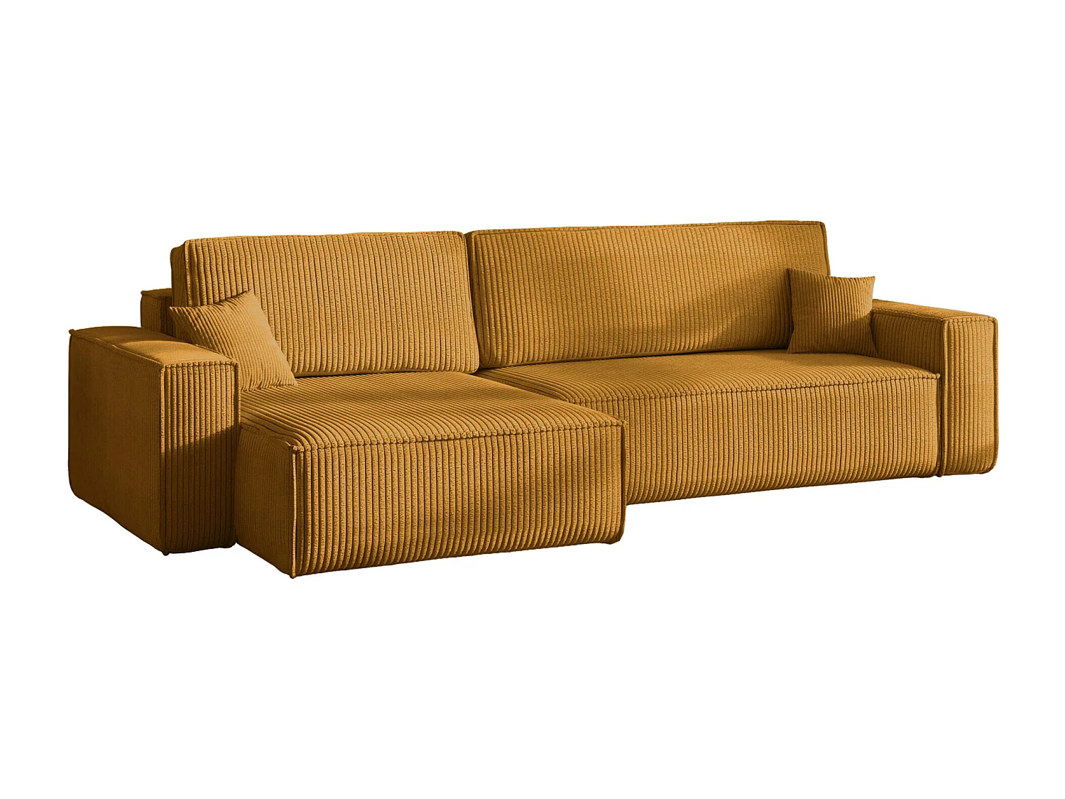 Canapé d’angle en L avec fonction couchage et coffre de rangement, tissu Poso velours côtelé épais, Moutarde, Gauche, BEST XL