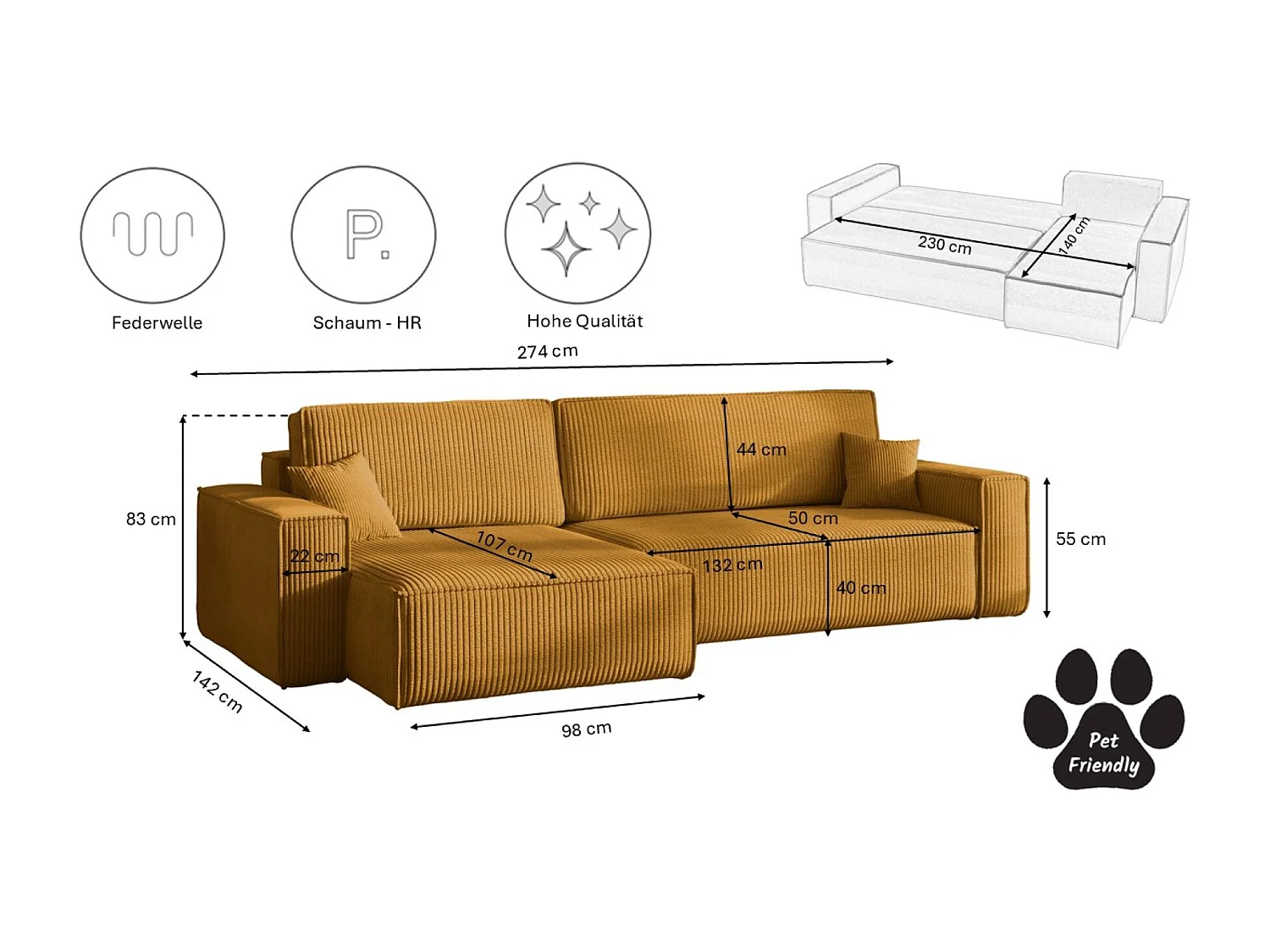 Canapé d’angle en L avec fonction couchage et coffre de rangement, tissu Poso velours côtelé épais, Moutarde, Gauche, BEST XL